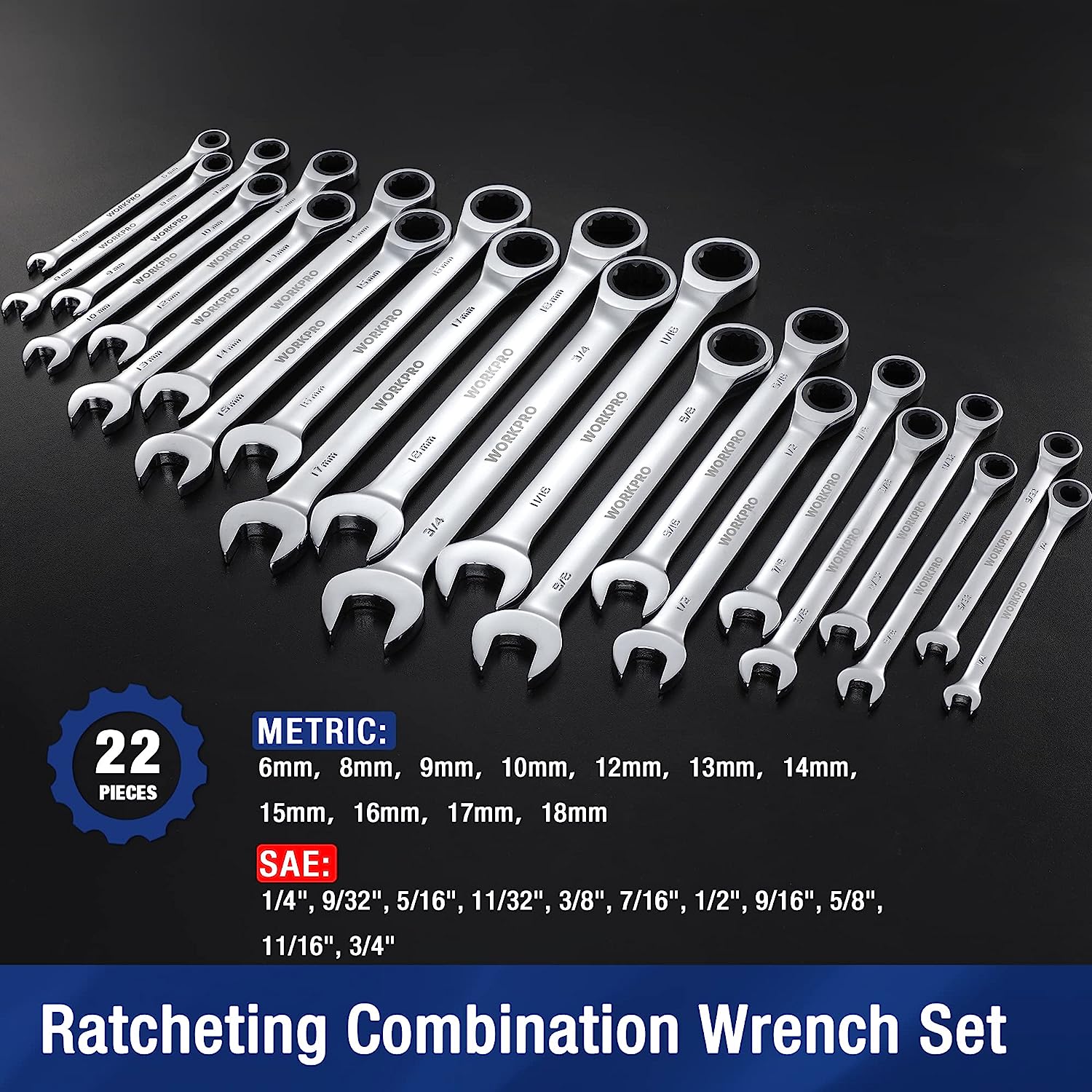 WORKPRO 22-Piece Ratcheting Combination Wrench Set. 72 Teeth. Combo Ratchet Wrenches Set with Organizer Box. Metric 6-18mm & SAE 1/4-3/4″