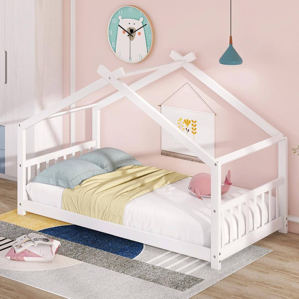 Harper & Bright Designs  White Low Twin Size Wood House Bed