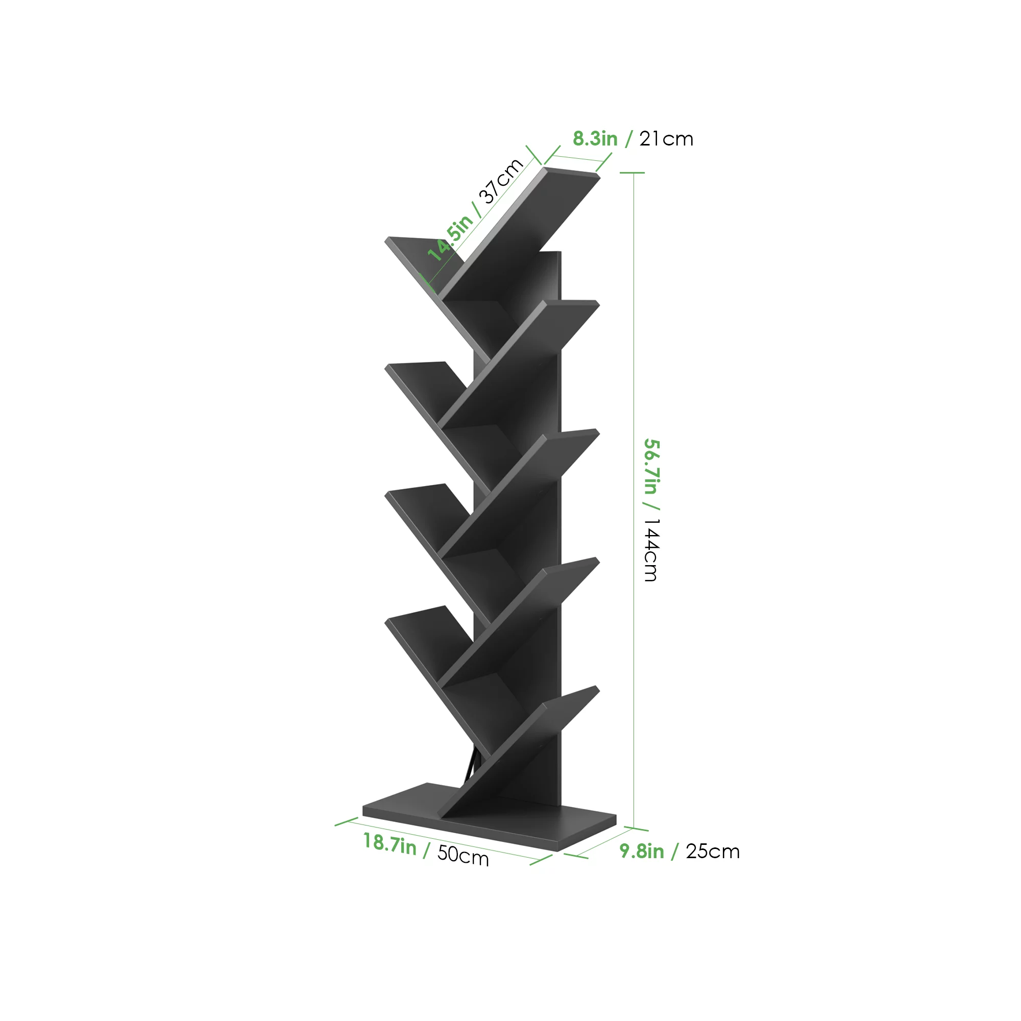Homfa 9-Tier Tree Bookshelf. Modern Storage Shelf. Floor Bookcase CD Display Rack. Gray Finish