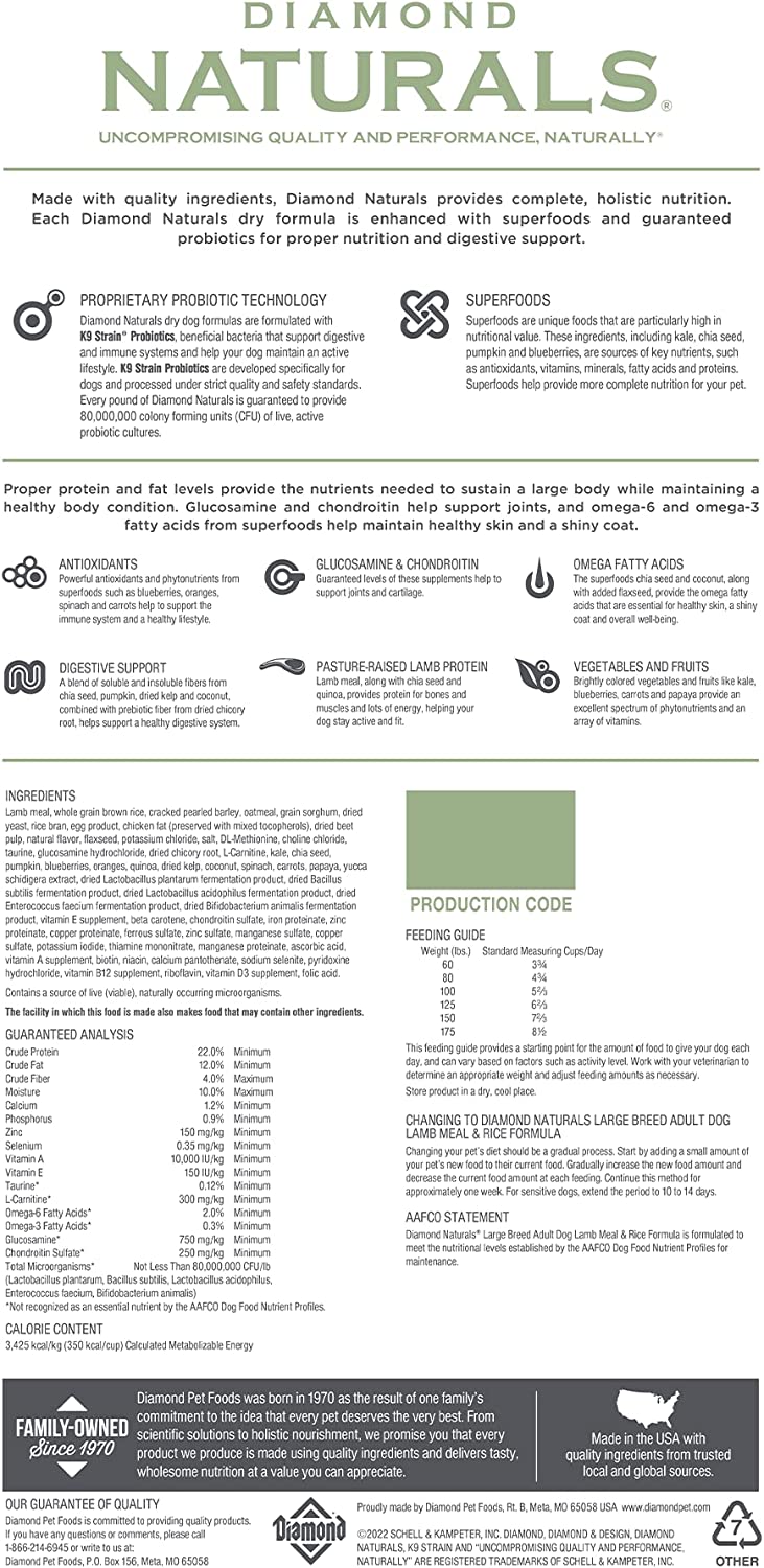 Diamond Naturals Large Breed Adult Dry Dog Food Lamb Meal and Rice Formula with Protein from Real Lamb. Probiotics and Essential Nutrients to Support Balanced and Overall Health in Adult Dogs 40lb