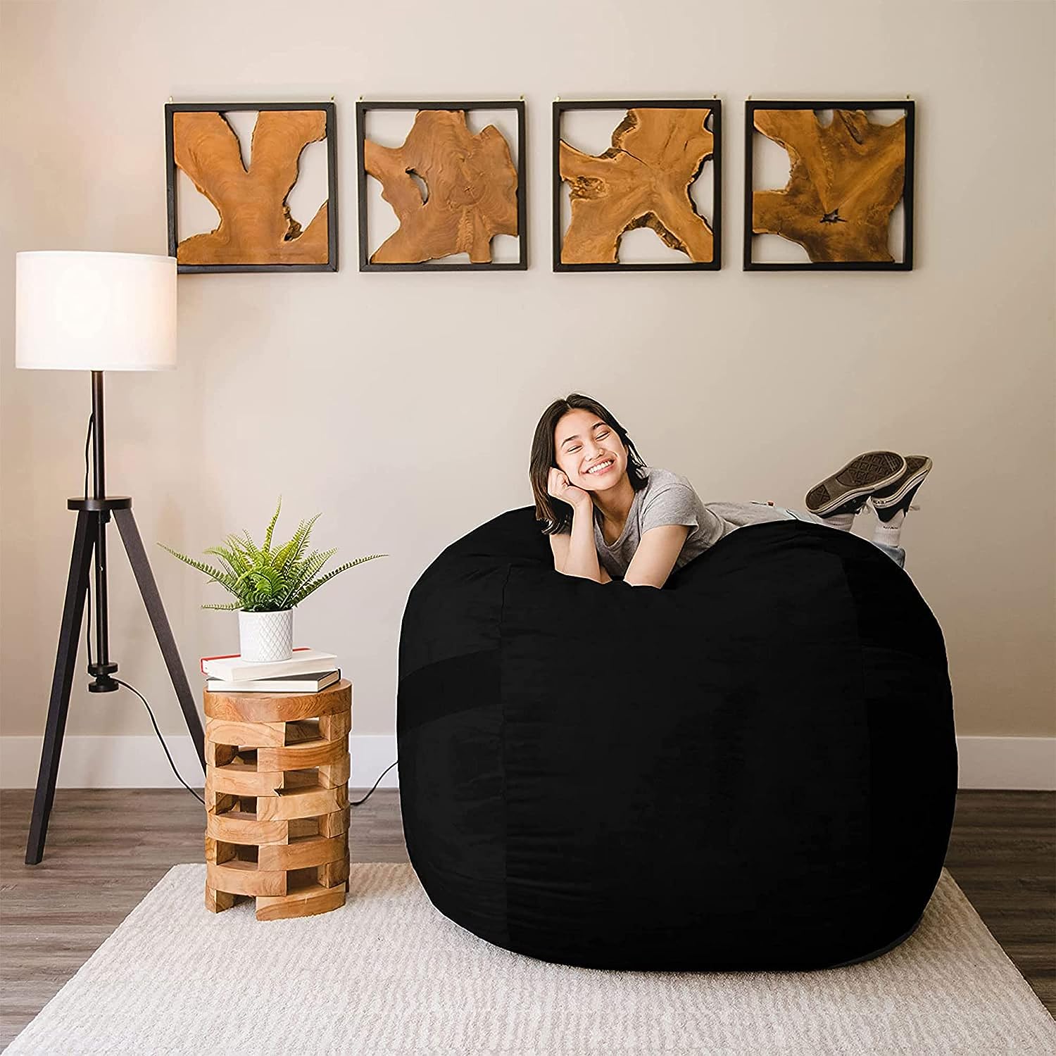 Big Joe Fuf Large Foam Filled Bean Bag Chair with Removable Cover. Black Plush. Soft Polyester. 4 feet Big