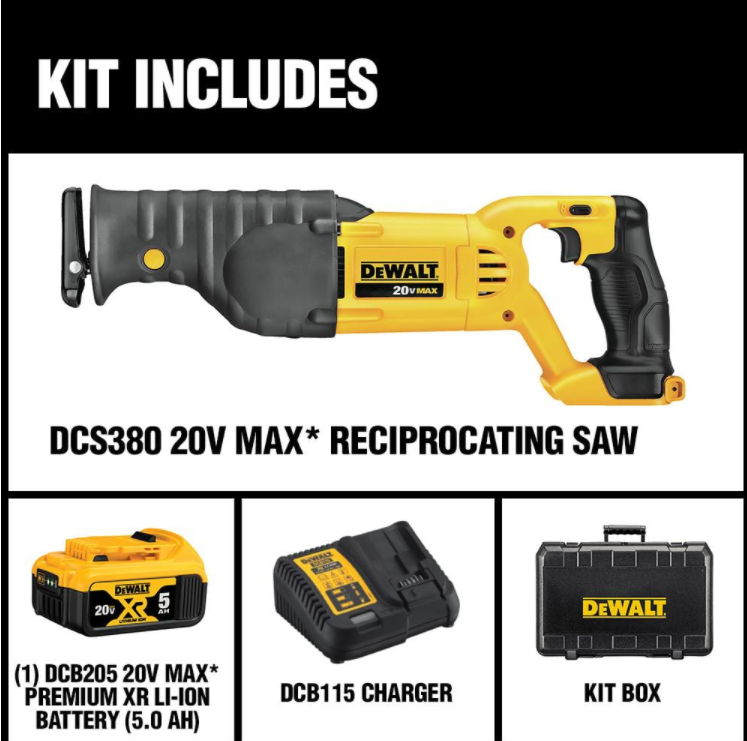 DEWALT DCS380P1 20-Volt MAX Cordless Reciprocating Saw with (1) 20-Volt Battery 5.0Ah & Charger