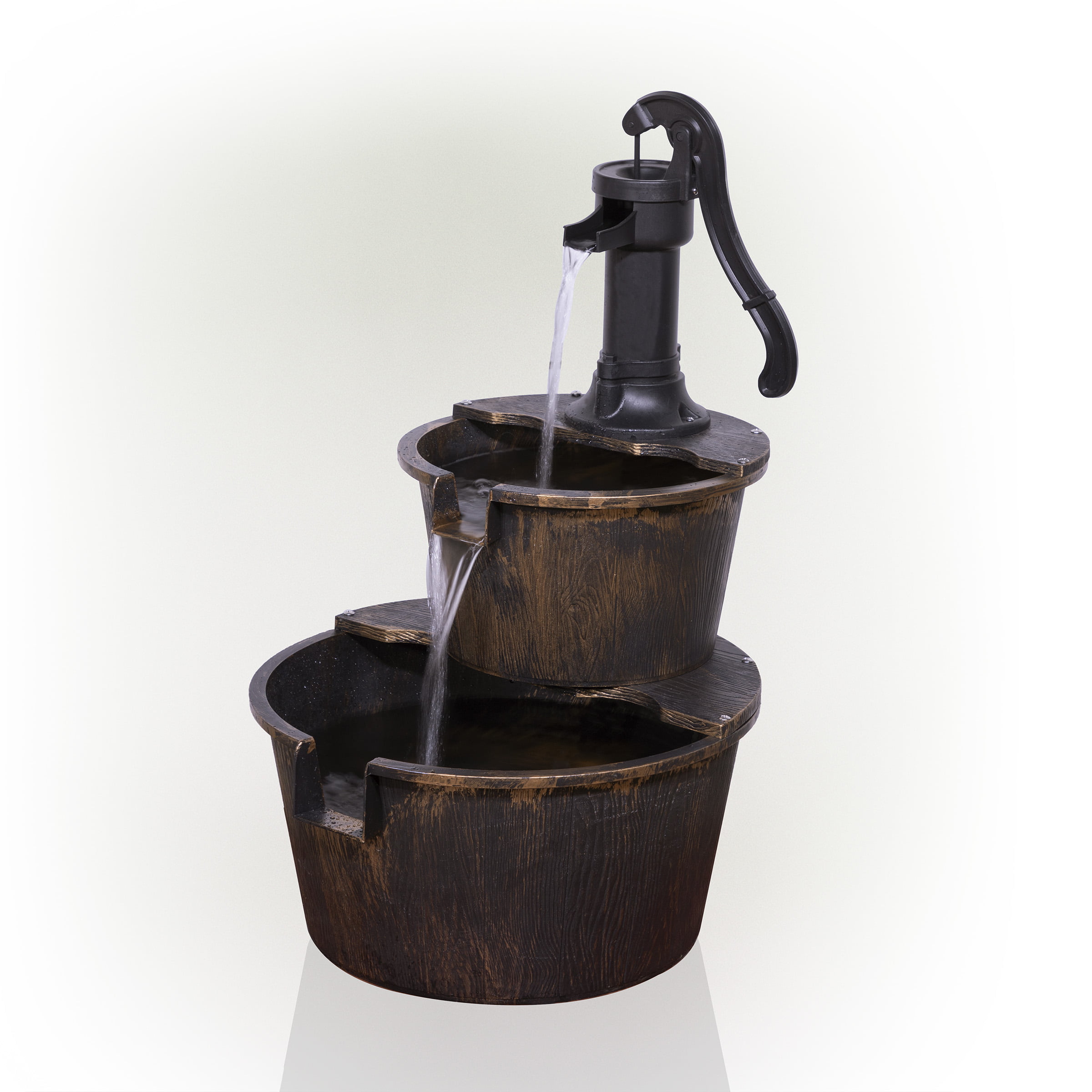 Alpine Corporation 27″ Two-Tier Barrel & Pump Outdoor Fountain. Bronze