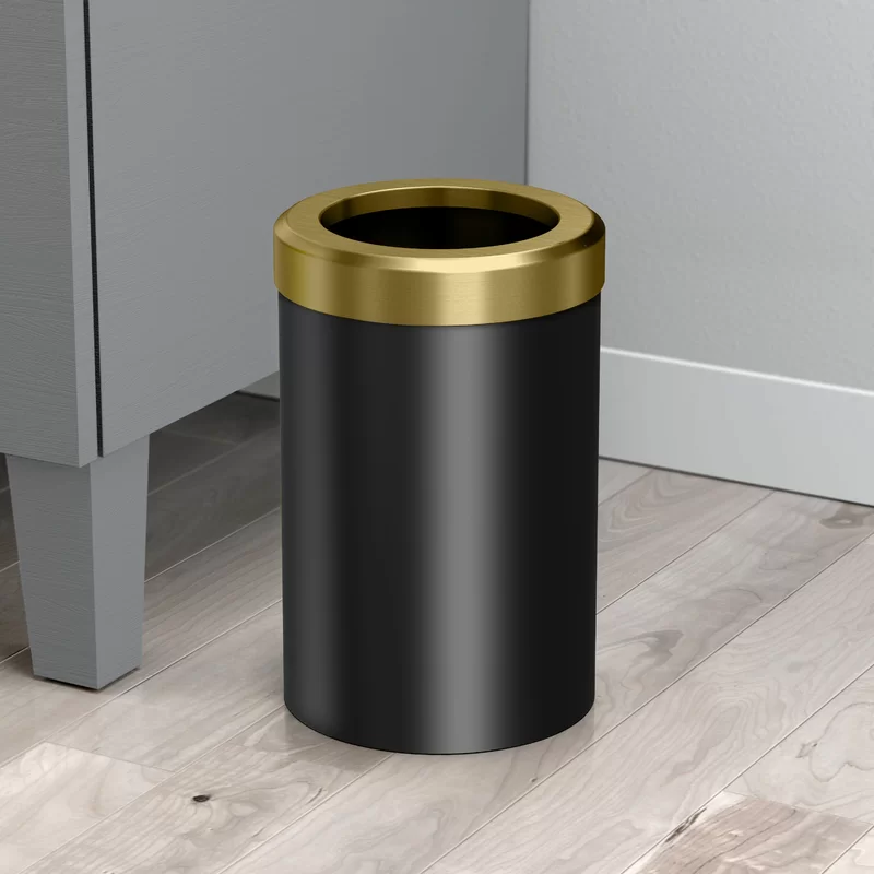 Gatco 1930. Modern Round Waste Basket. Matte Black and Brushed Brass Combo