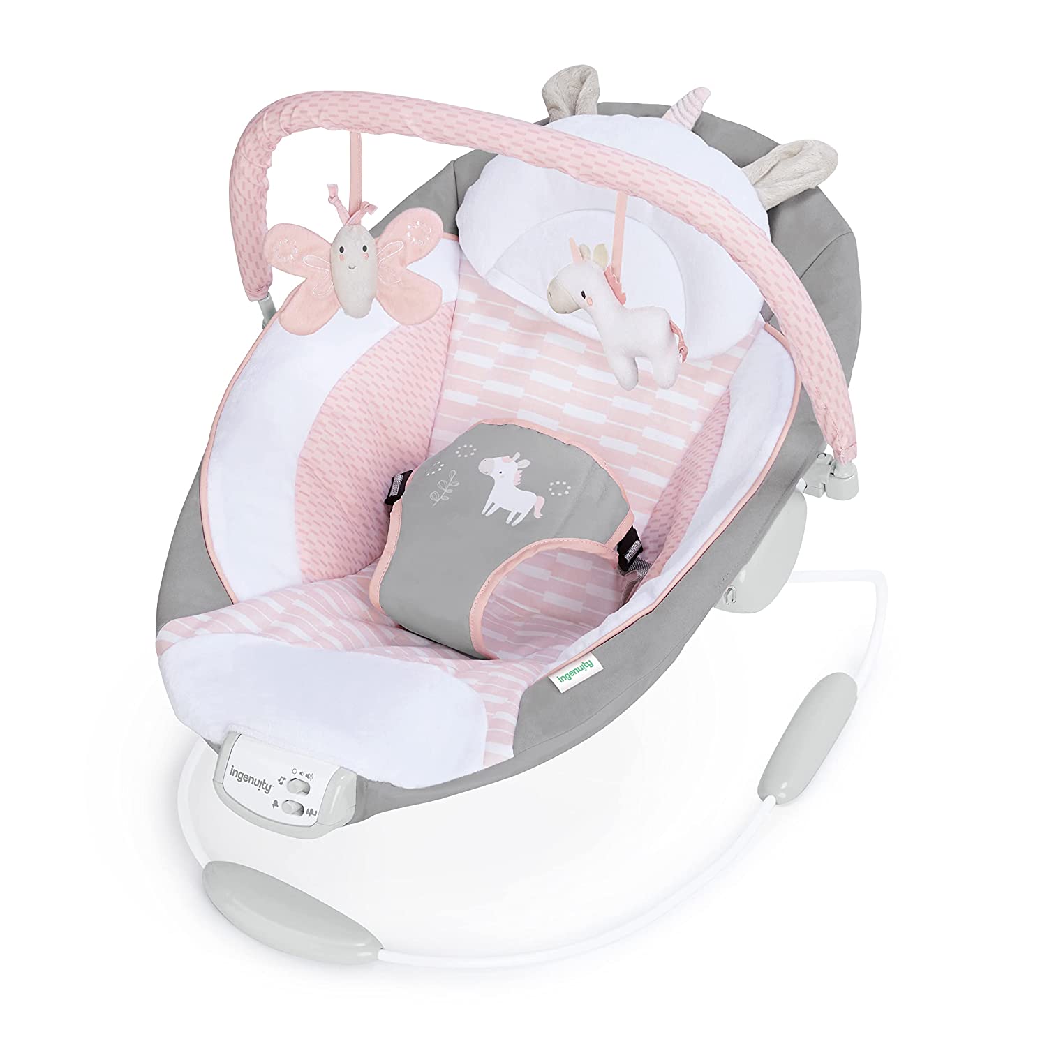 Ingenuity Soothing Baby Bouncer with Vibrating Infant Seat. Music. Removable -Toy Bar & 2 Plush Toys - Flora the Unicorn (Pink). 0-6 Months