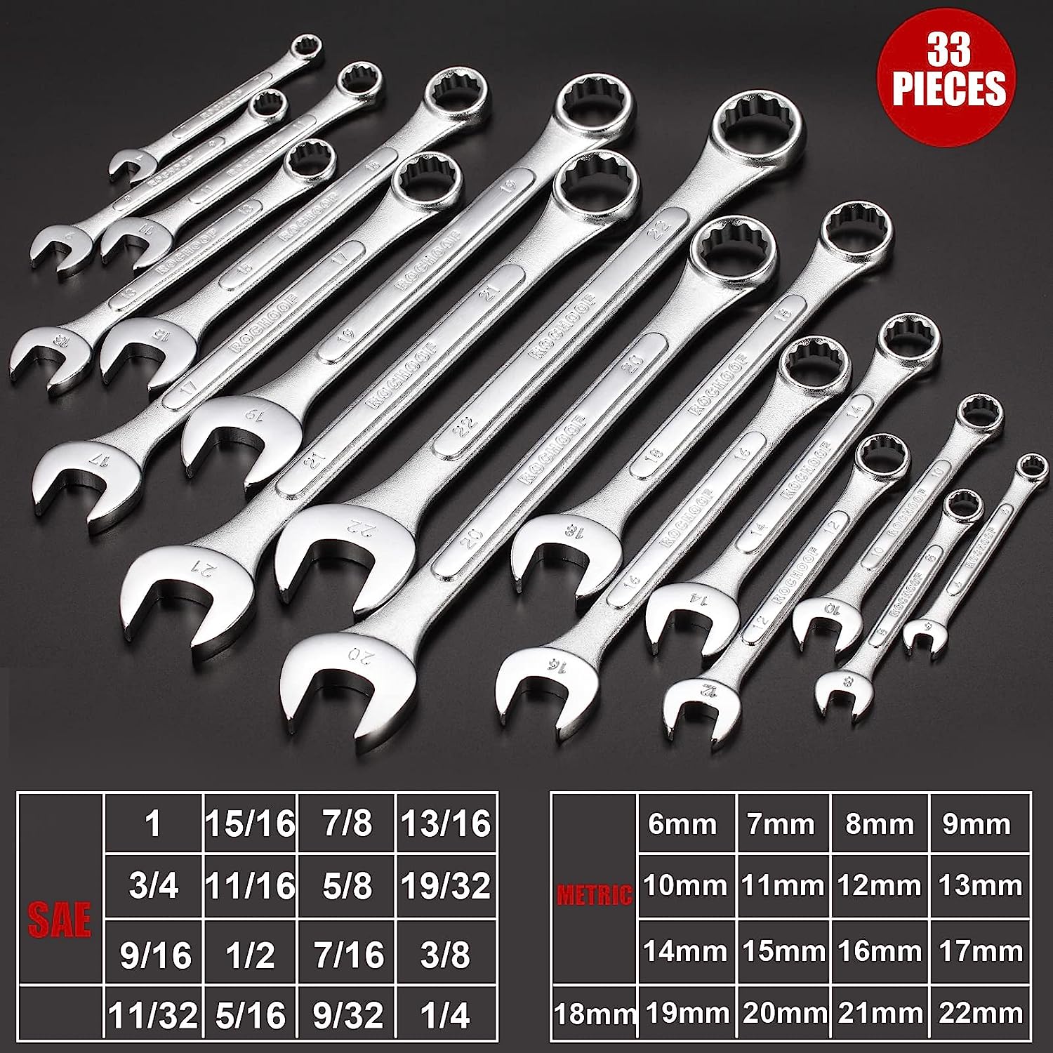 ROCHOOF Combination Wrench Set.33-Piece Chrome Vanadium Steel Wrench Set 12-Point SAE & Metric Wrenches 1/4″-1″ and 6-22mm with Rolling Pouch