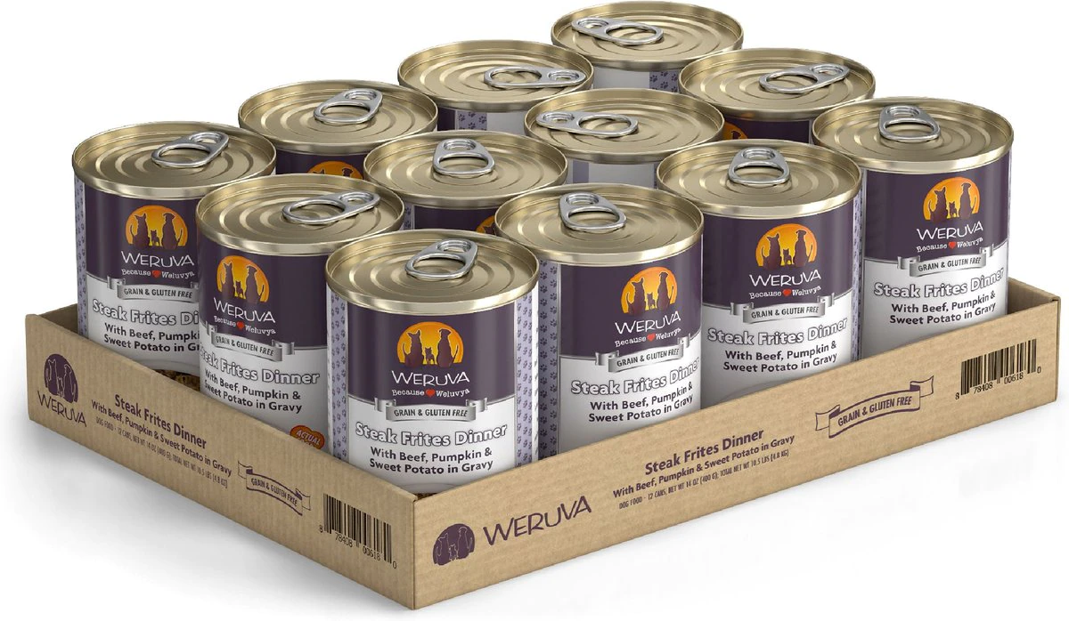 Weruva Steak Frites Dinner with Beef. Pumpkin & Sweet Potatoes in Gravy Grain-Free Canned Dog Food 14 Ounce (Pack of 12)