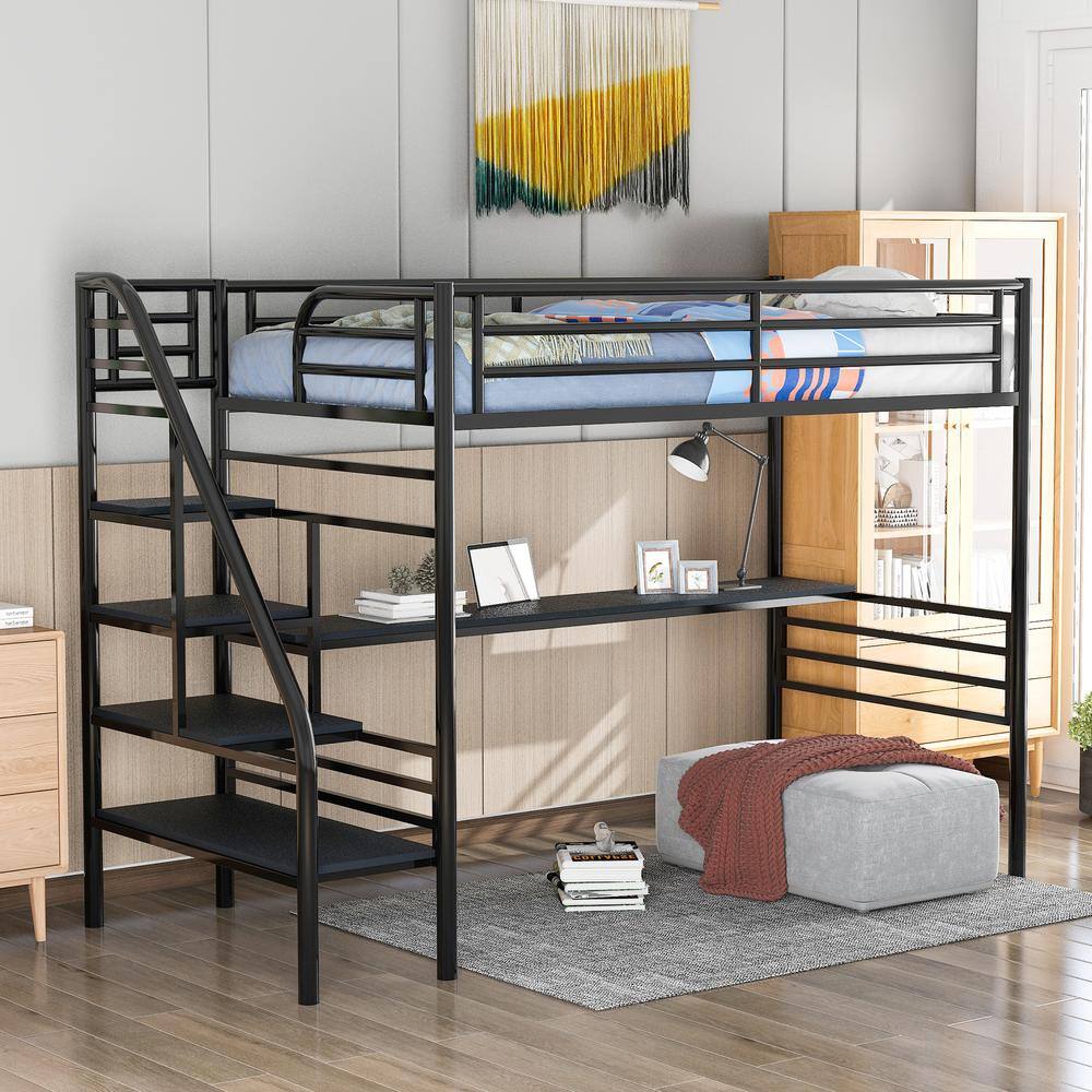 Harper & Bright Designs  Black Twin Size Metal Loft Bed with Desk and Stairs