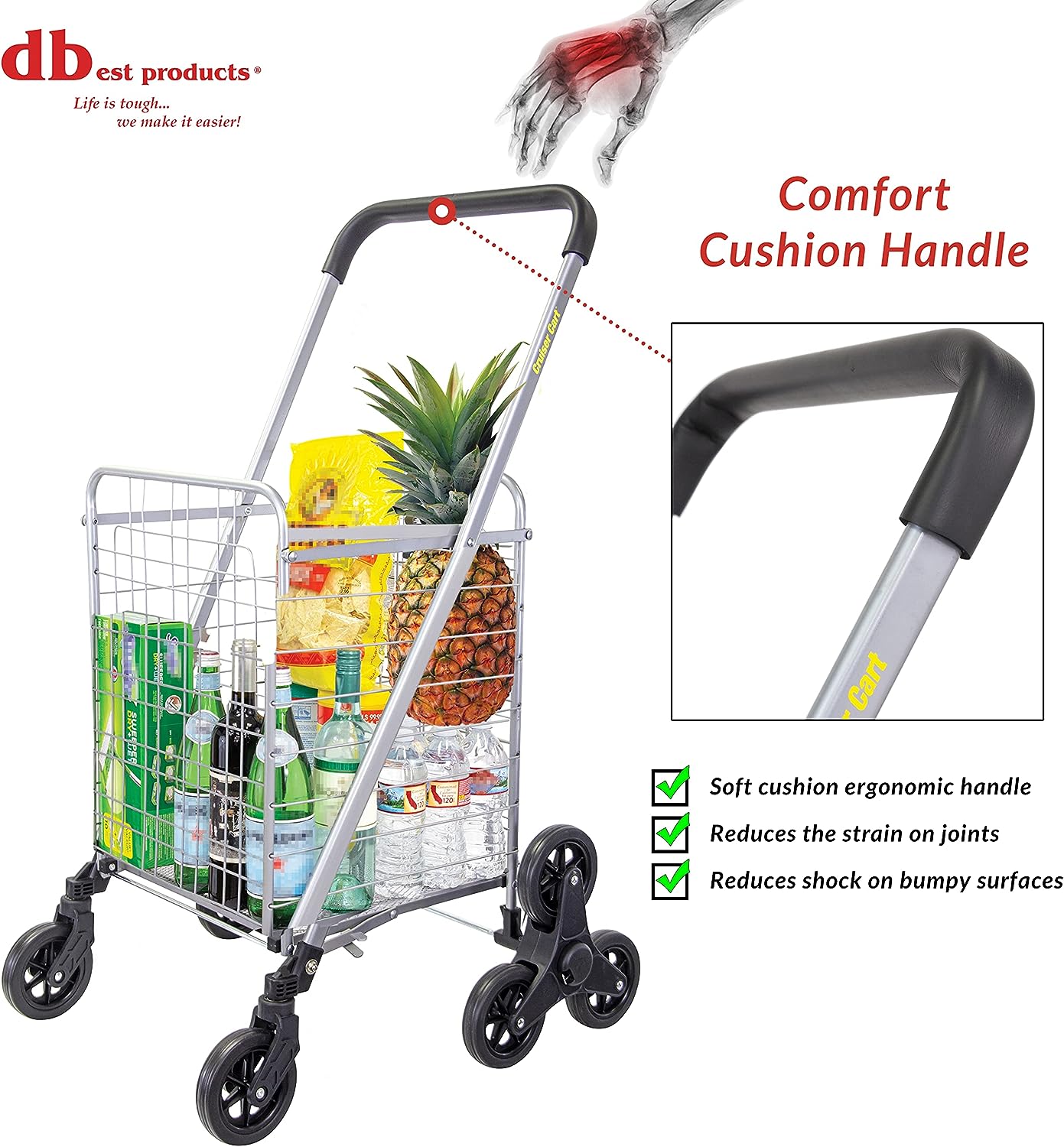 dbest products Stair Climber Cruiser Cart Shopping Grocery Rolling Folding Laundry Basket on Wheels Foldable Utility Trolley Compact Lightweight Collapsible. Silver