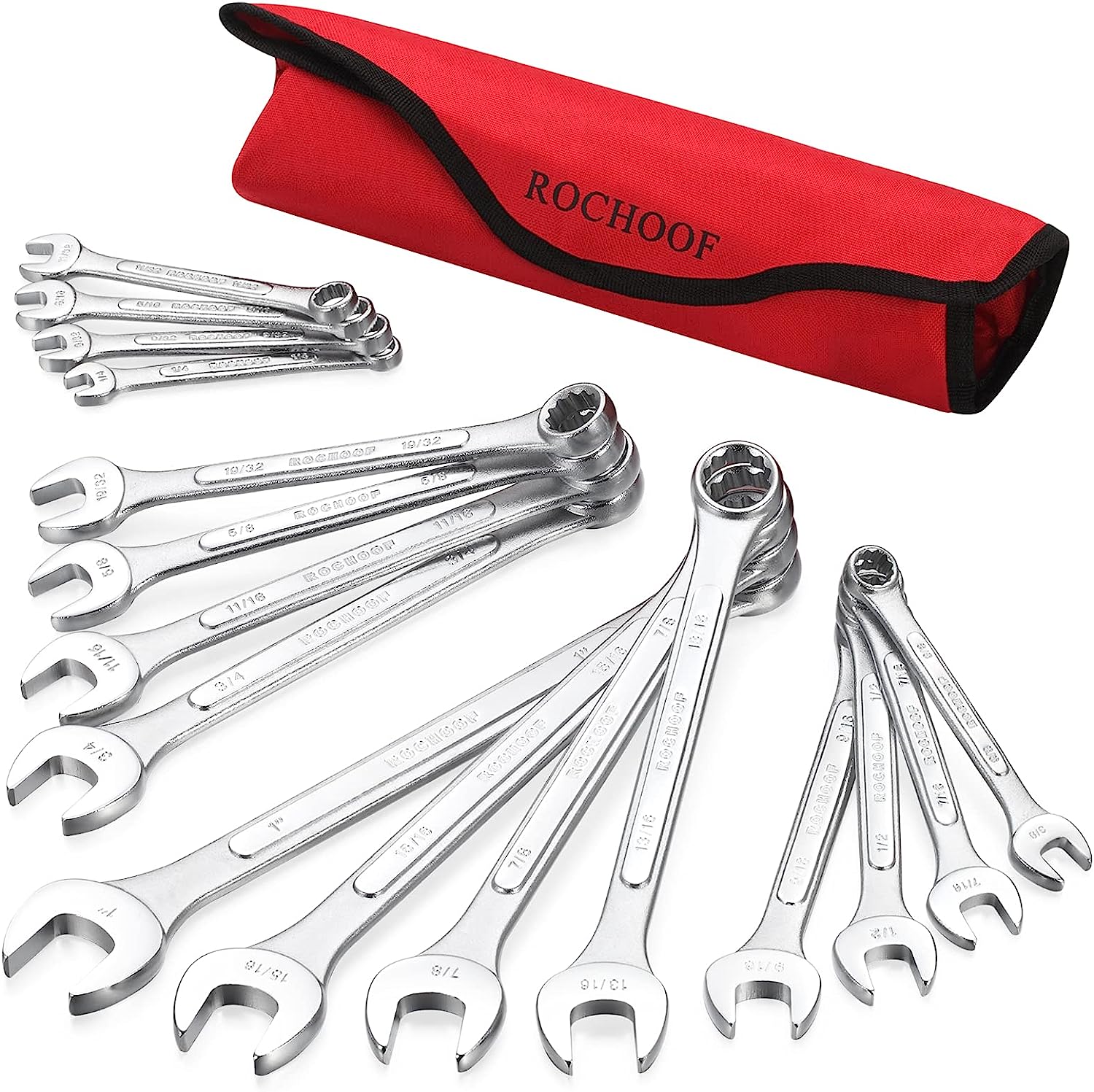 ROCHOOF Combination Wrench Set.16-Piece SAE Wrench Set 12-Point Chrome Vanadium Steel Wrenches 1/4″-1″ with Rolling Pouch