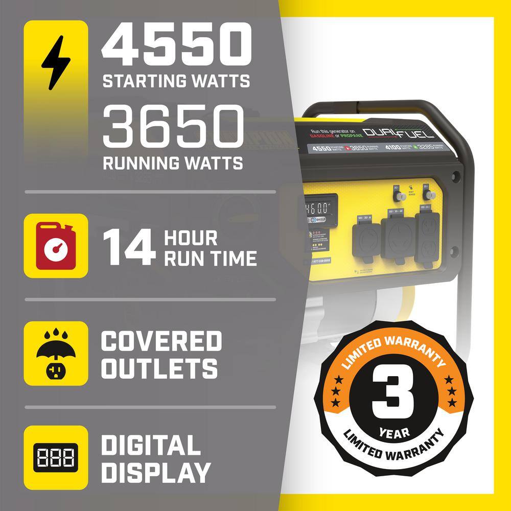 Champion Power Equipment 200970 4550-Watt/3650-Watt Recoil Start Gas and Propane Dual Fuel Powered RV Ready Portable Generator with CO Shield