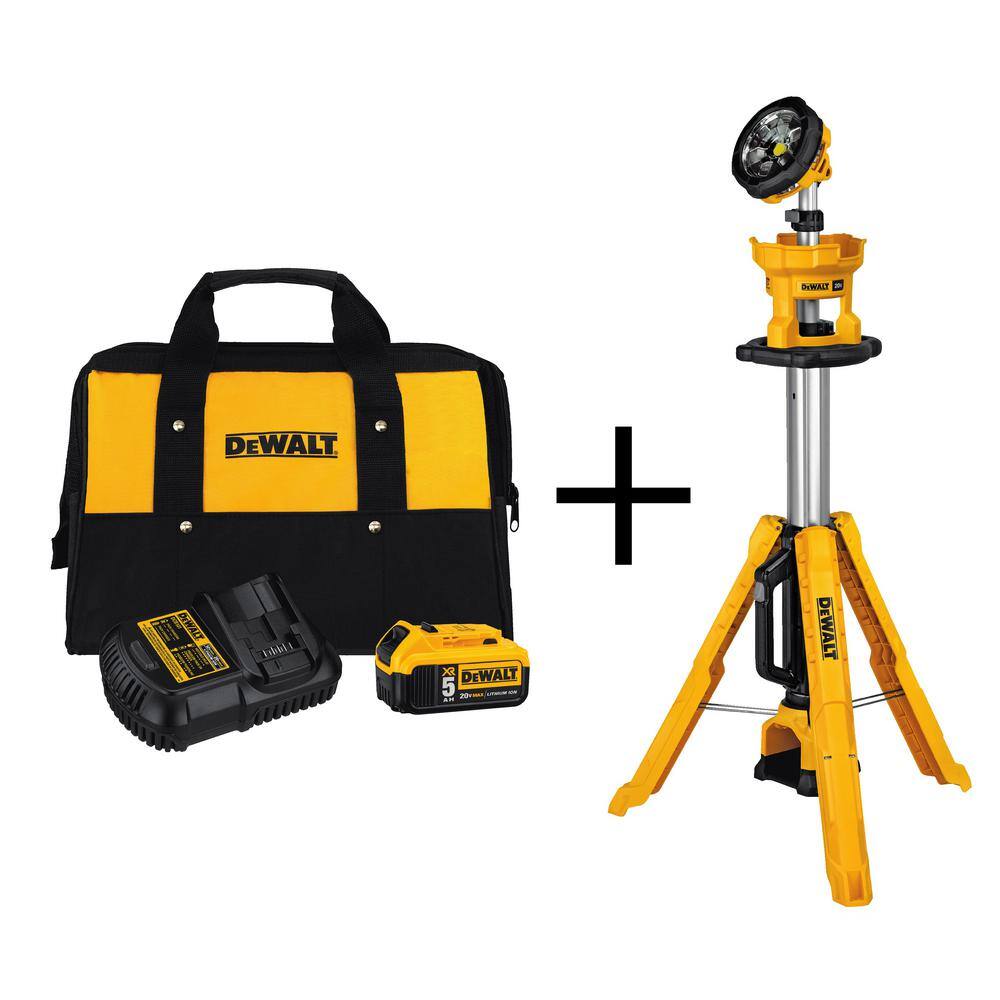 DEWALT DCB205CKWDCL079B 20V MAX 3000-Lumen Tripod Light. (1) 20V MAX XR Premium Lithium-Ion 5.0Ah Battery. Charger and Kit Bag