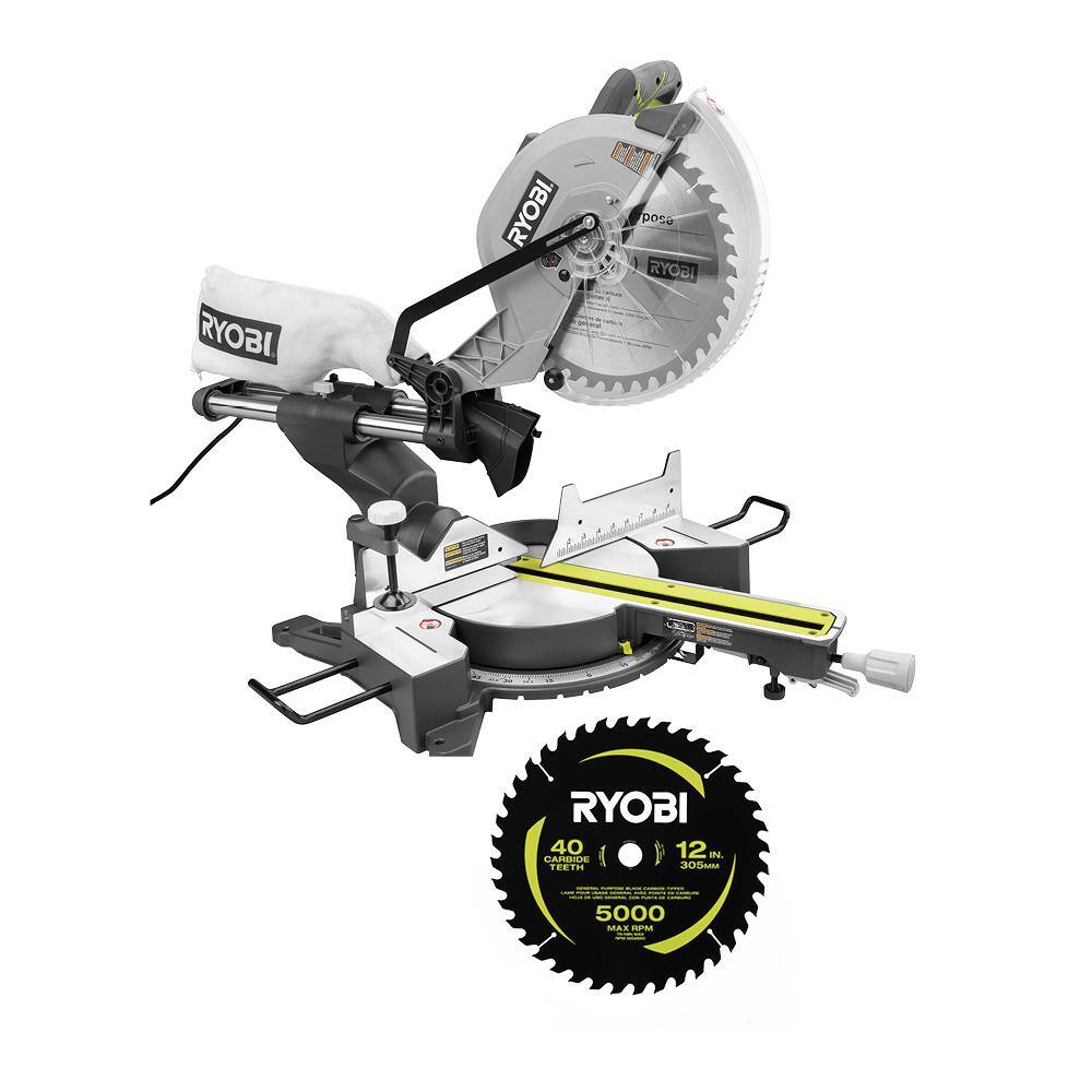 RYOBI TSS121-A181201 15 Amp 12 in. Sliding Compound Miter Saw with 12 in. 40 Carbide Teeth Thin Kerf Miter Saw Blade
