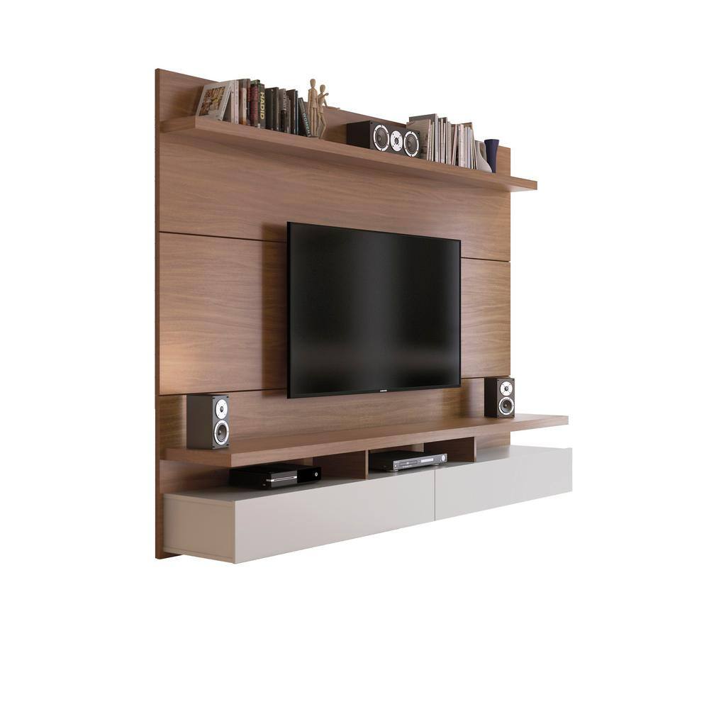 Manhattan Comfort City 87 in. Off-White and Maple Cream Composite Floating Entertainment Center Fits TVs Up to 80 in. with Wall Panel