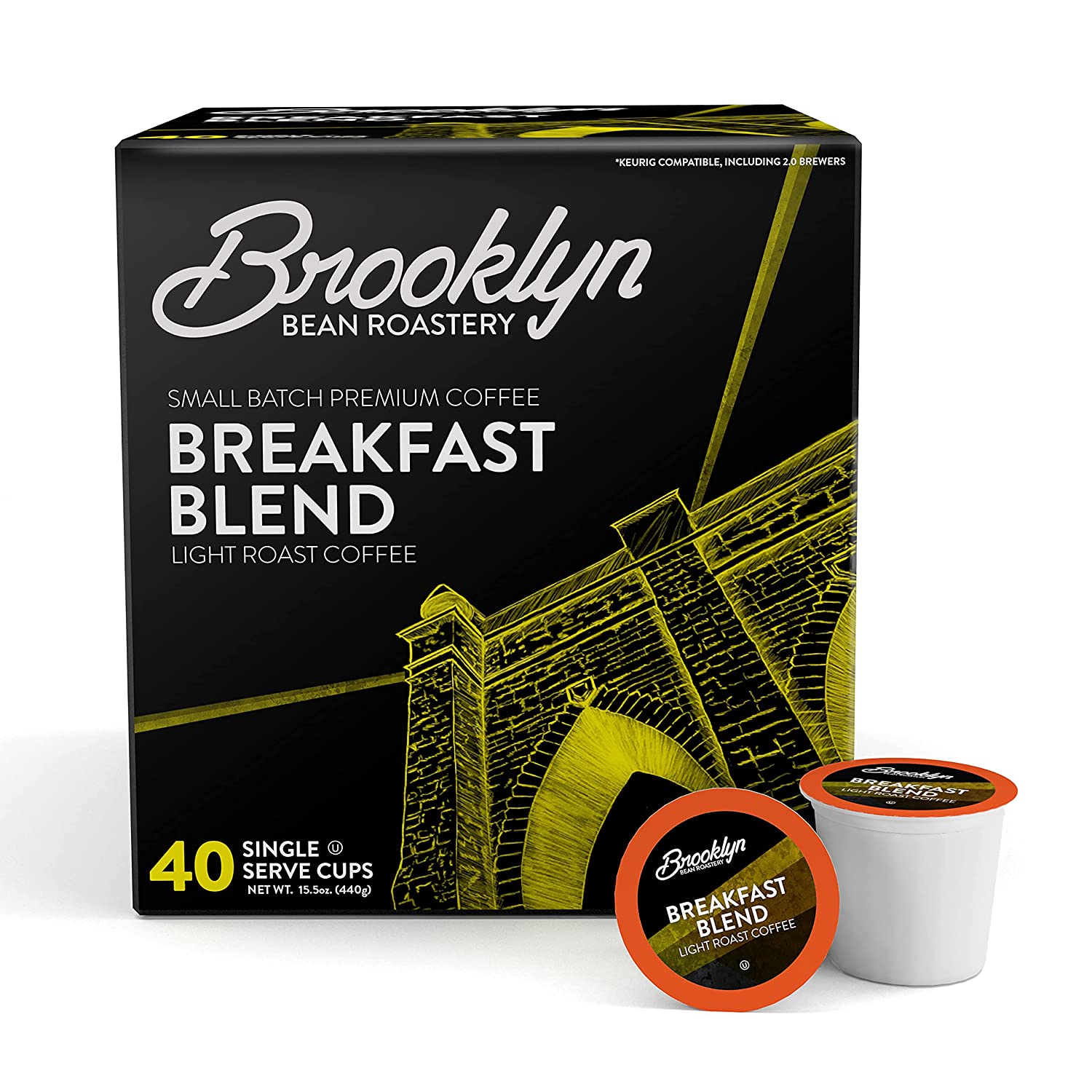 Brooklyn Beans Breakfast Blend Gourmet Coffee Pods. Compatible with 2.0 Keurig K Cup Brewers. 40 Count