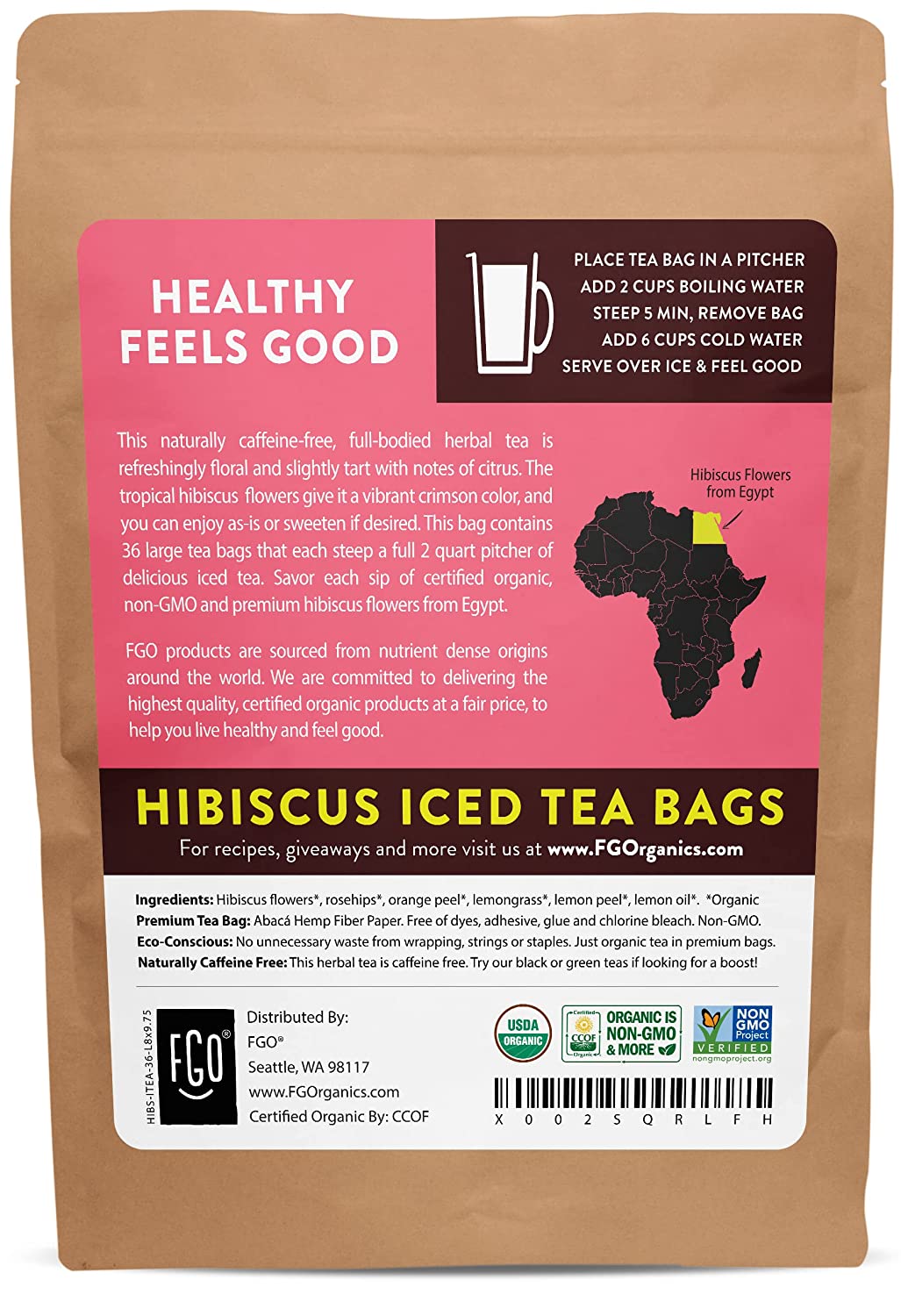 FGO Organic Hibiscus Iced Tea Bags 36 Pitcher Bags Eco-Conscious Tea Bags in Kraft Bag