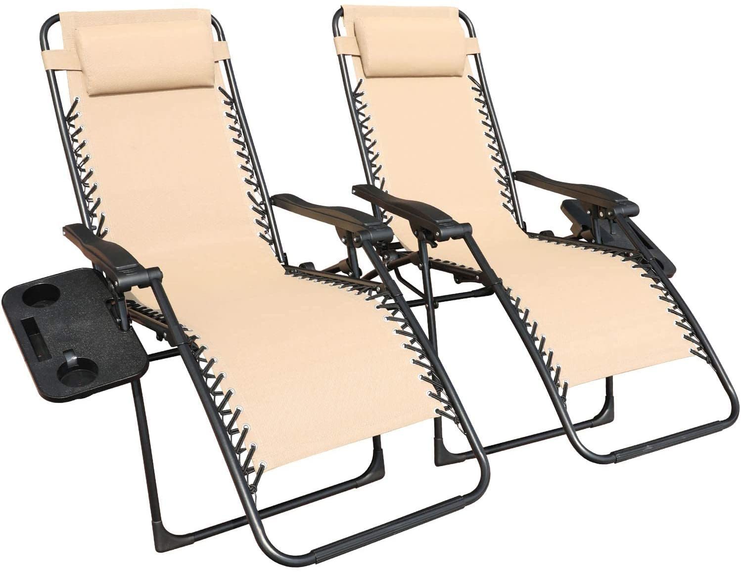 GOLDSUN Zero Gravity Chair Patio Folding Lawn Lounge Chairs Outdoor Foldable Camp Reclining Lounge Chair with sidetable for Backyard Porch Swimming Poolside and Beach Set of 2 (Beige)
