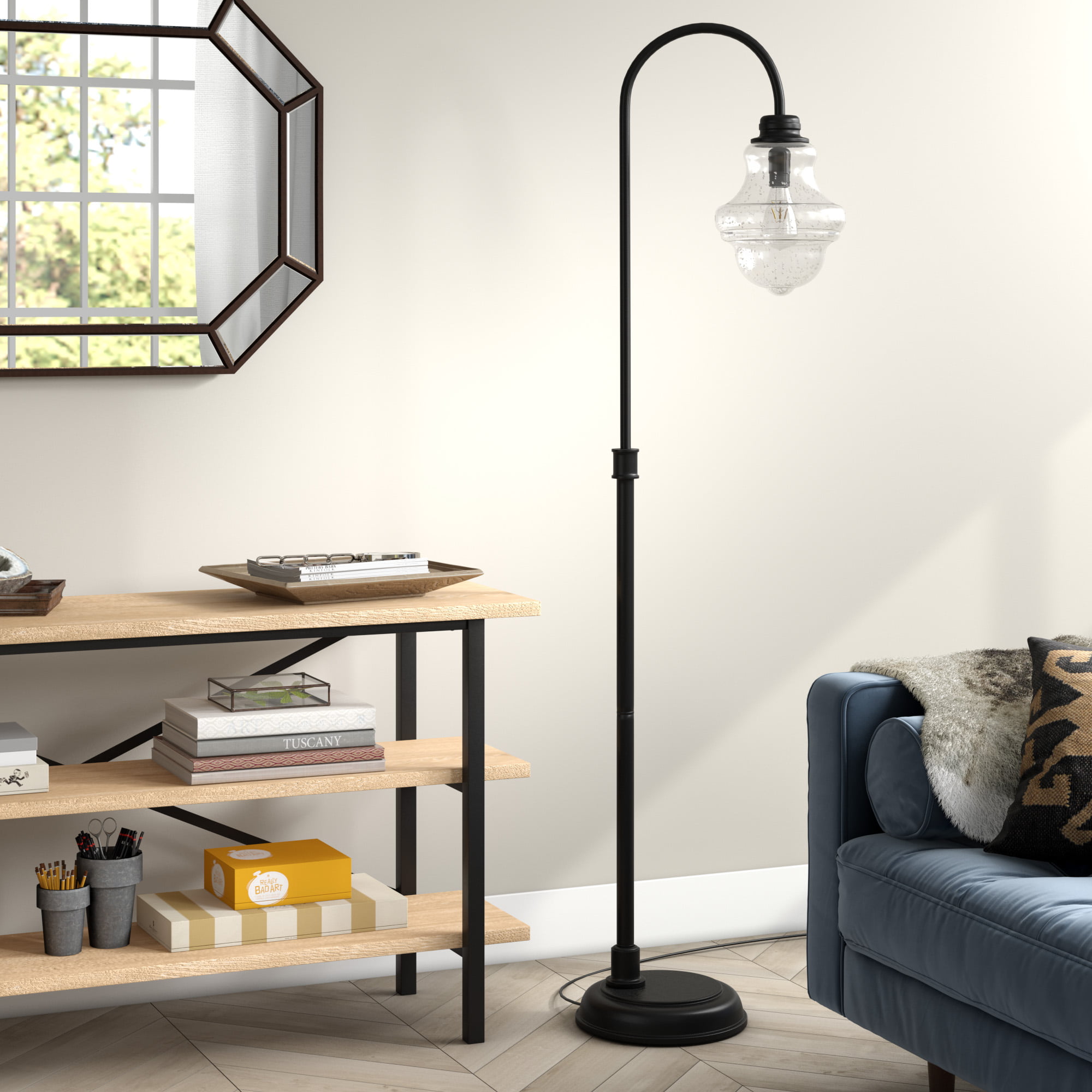 Evelyn&Zoe Sara Modern Farmhouse Metal Arc Floor Lamp. Black
