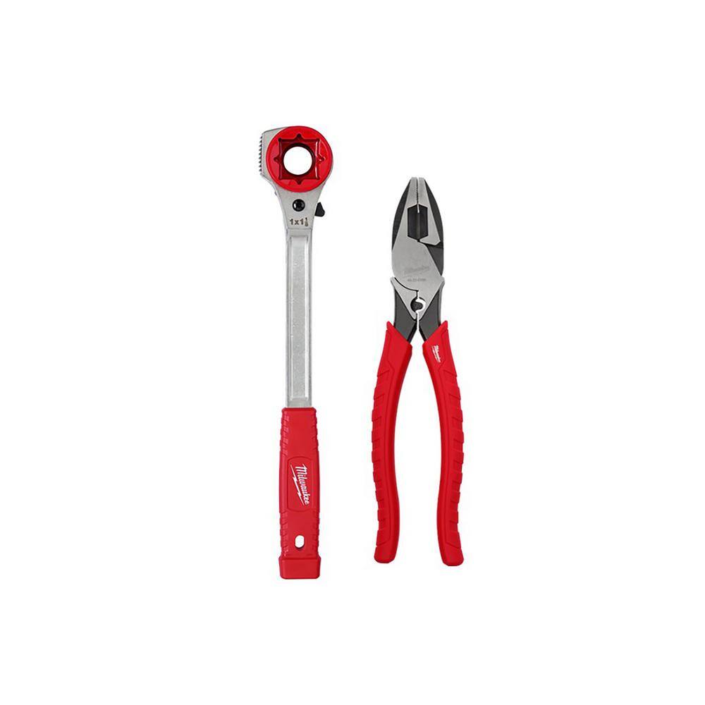 Milwaukee 48-22-9213M-48-22-6100 3/4 in. Linemans High Leverage Ratcheting Wrench with Milled Strike Face with 9 in. Linemans Pliers with Crimper