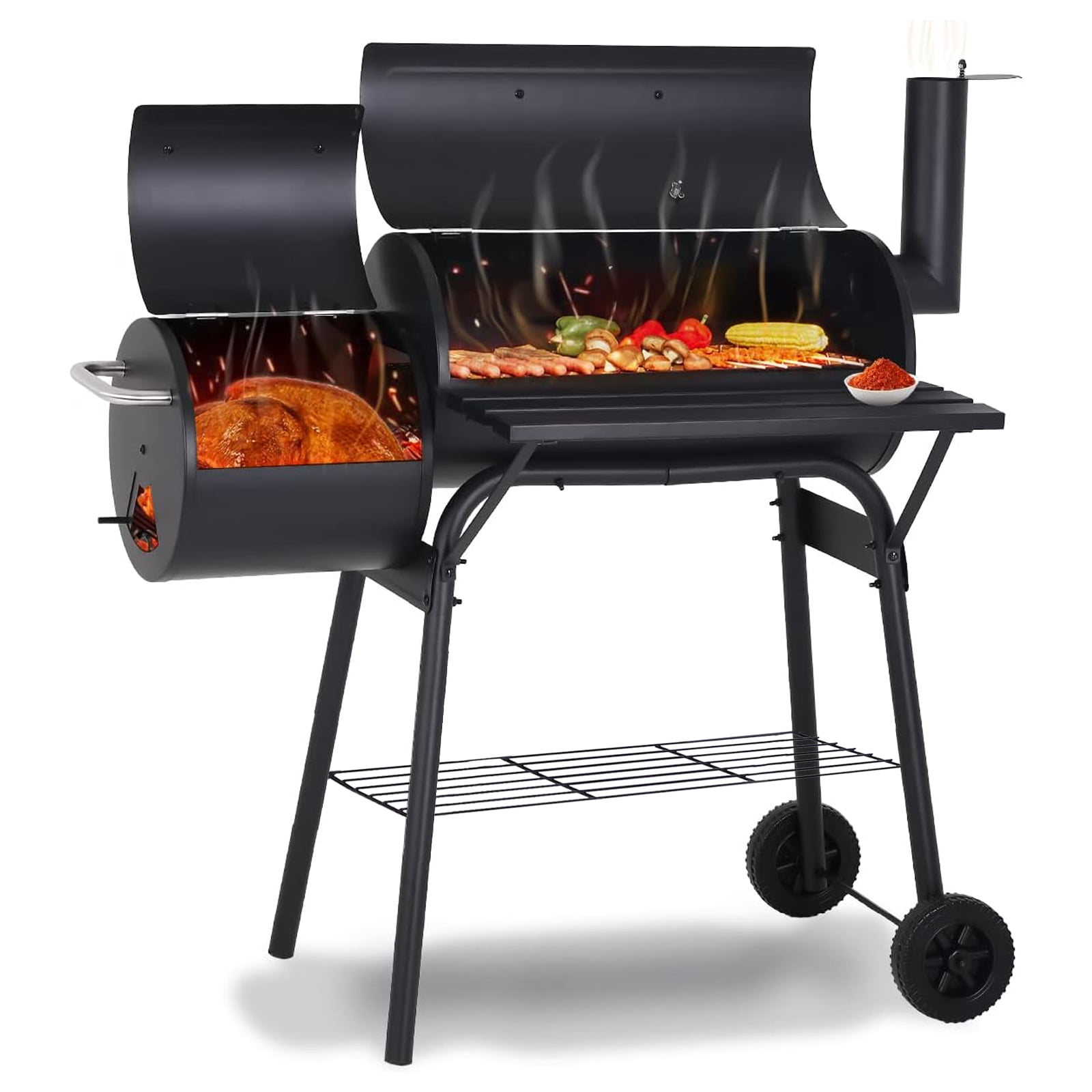 SKONYON Outdoor Portable BBQ Charcoal Grill with Offset Smoker. Black
