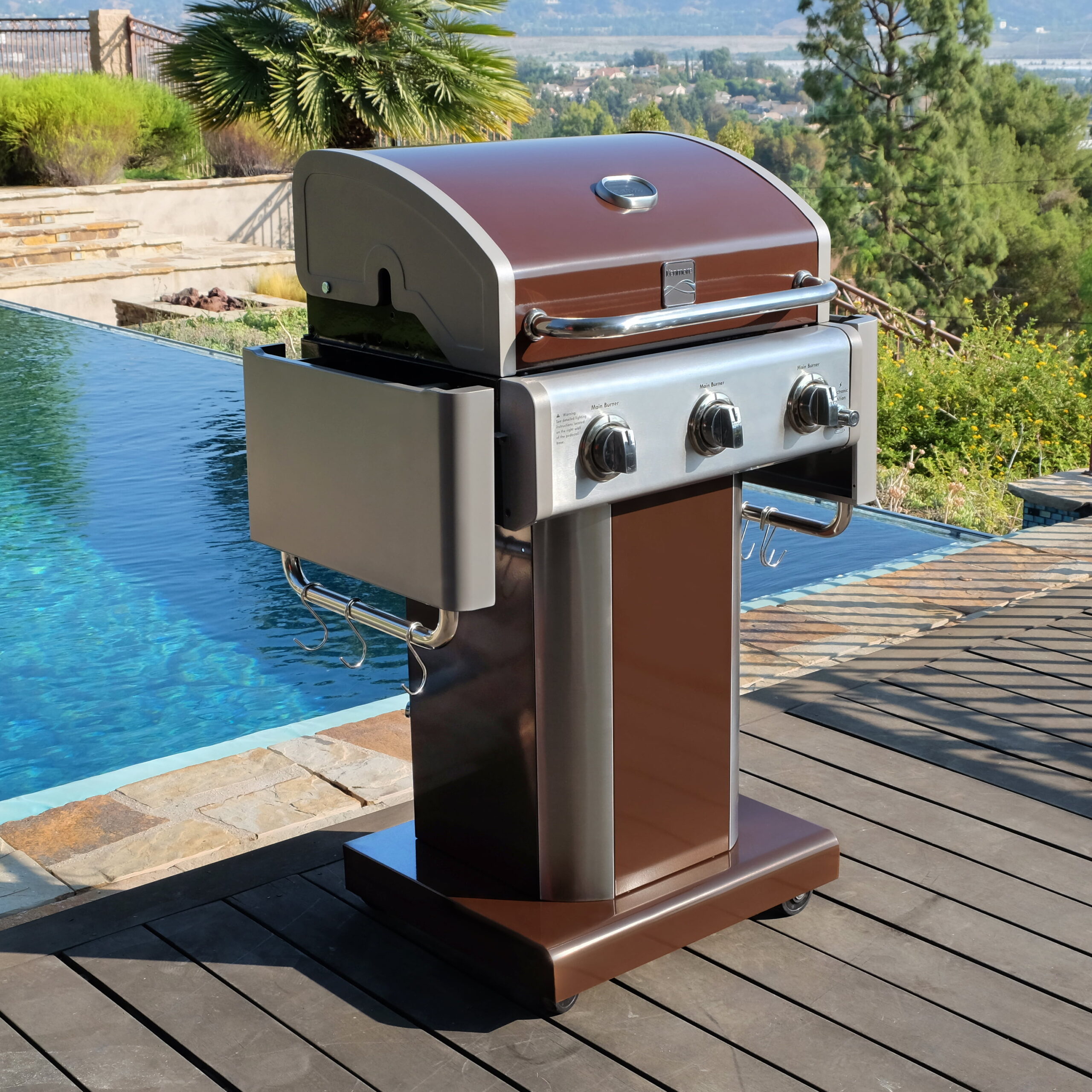 Kenmore 3-Burner Outdoor BBQ Propane Gas Grill with Foldable Sides. Mocha Brown