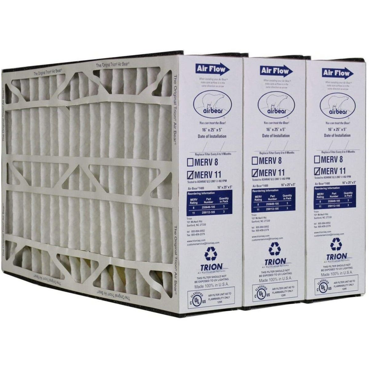 Trion 259112-105 Air Bear 16 x 25 x 5 Inch MERV 11 Air Purifier Filter (3 Pack)