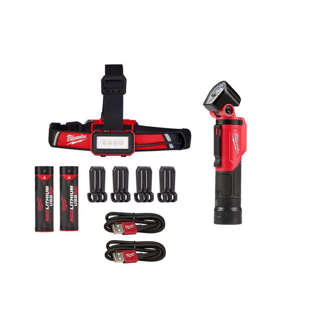 Milwaukee 600 Lumens LED REDLITHIUM USB Low-Profile Hard Hat Headlamp & 500 Lumens LED Pivoting REDLITHIUM USB Flashlight (2-Pack)