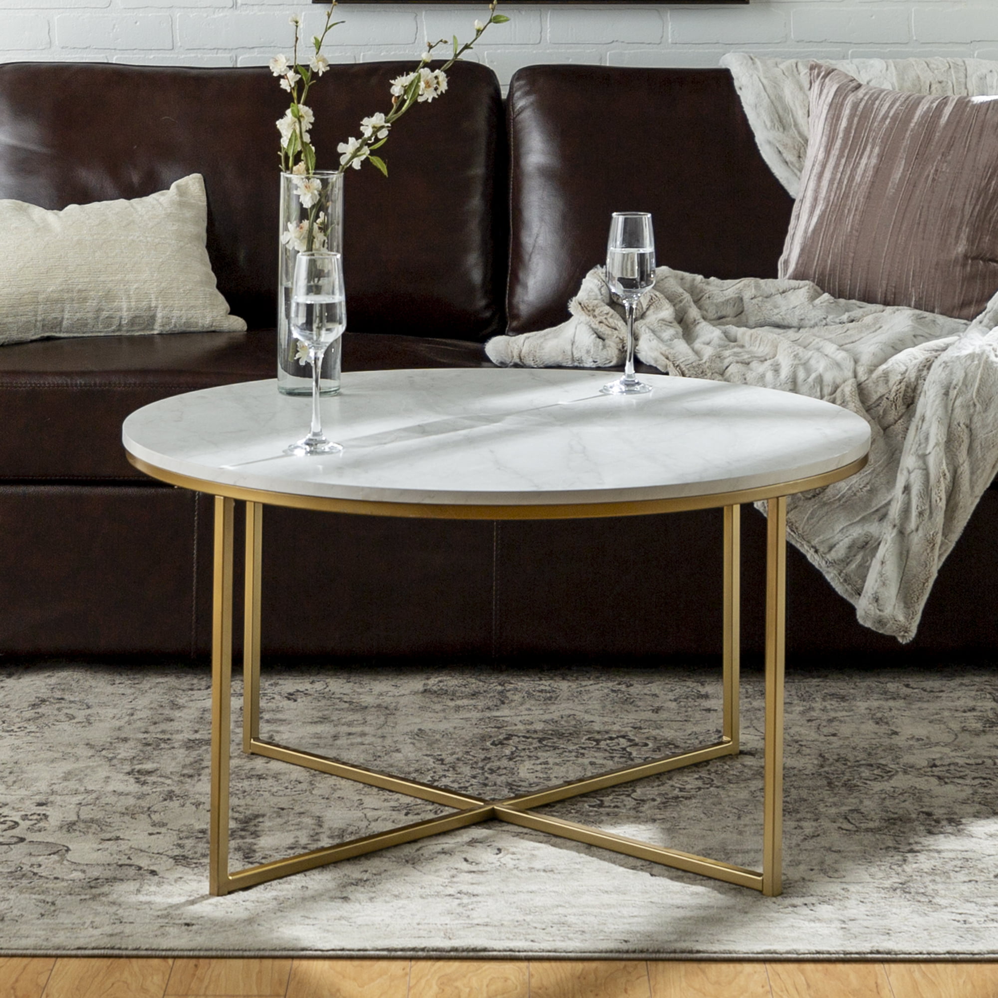 Ember Interiors Modern Round Coffee Table. Faux White Marble/Gold