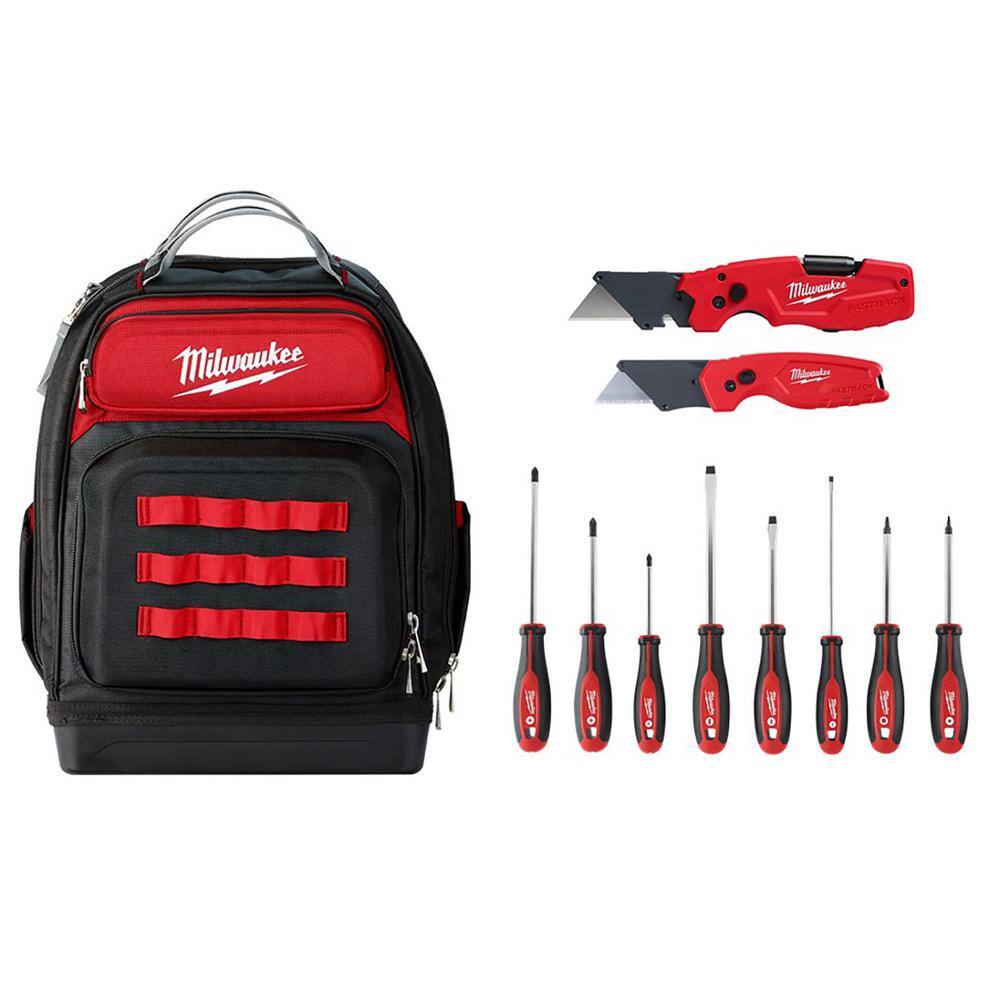Milwaukee 48-22-8201-48-22-1505Q-48-22-2718 15 in. Ultimate Jobsite Backpack with Screwdriver and FASTBACK Knife Sets (10-Piece)