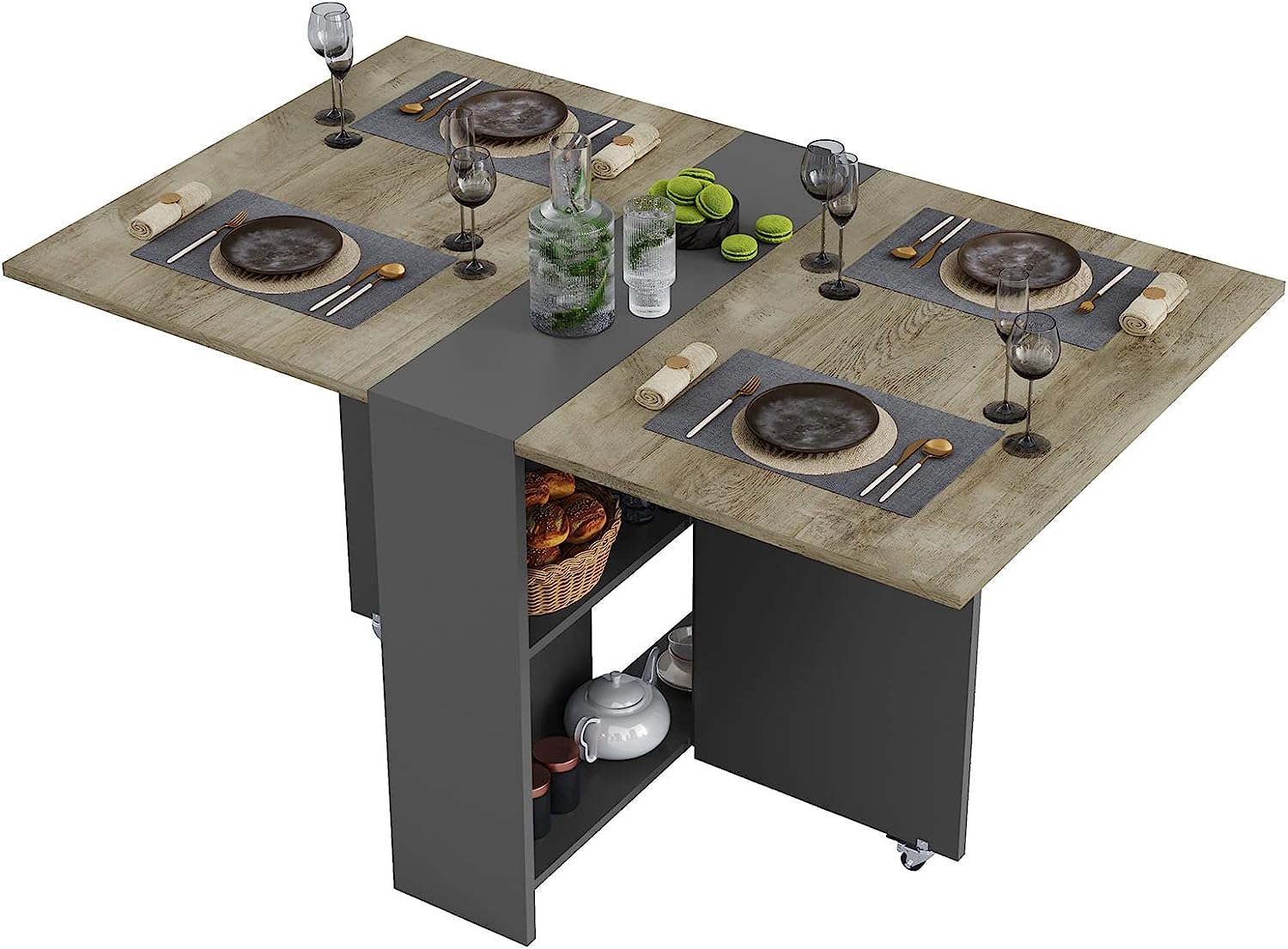 Tiptiper Folding Dining Table with 2 Storage Racks. Drop Leaf. 6 Wheels. Multifunction Expandable Table for Kitchen. Bedroom. Living Room