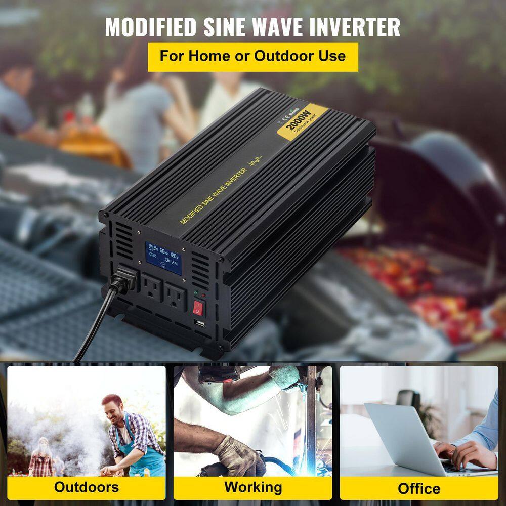 VEVOR ZNB2KW-12-1200I8XV9 Car Power Converter 2000-Watt Modified Sine Wave Inverter DC 12-Volt to AC 120-Volt with LCD Display Remote Controller