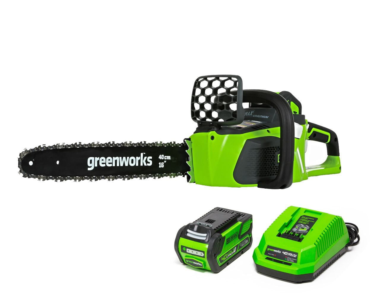 Greenworks 40V 16″ Cordless Brushless Chainsaw with 4.0 Ah Battery and Charger. 20312