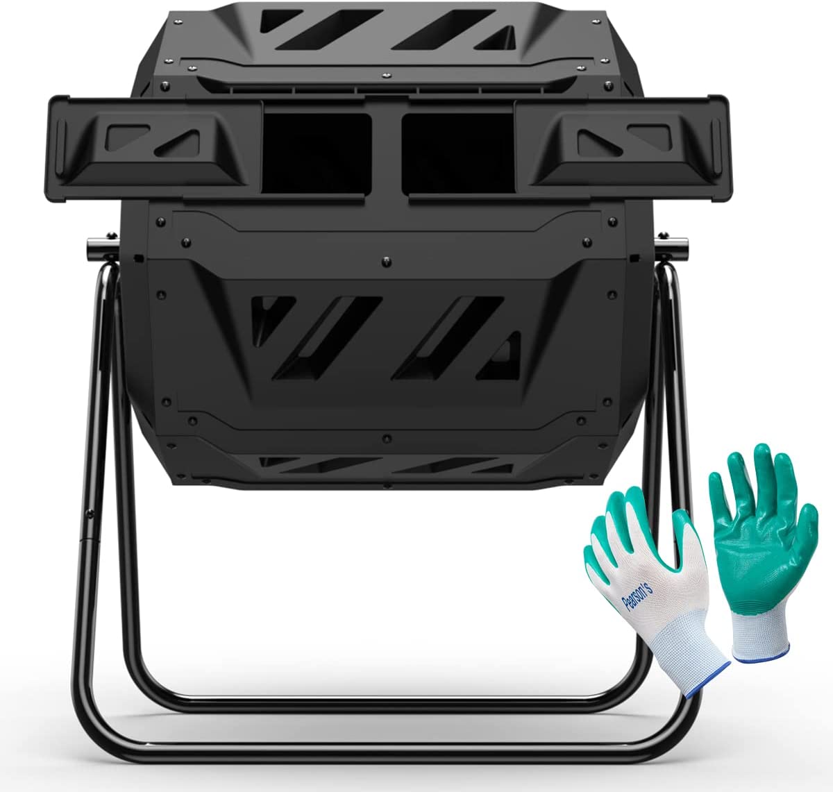 Compost Tumbler Bin Composter Dual Chamber 43 Gallon. Black (Bundled with Pearson-s Gardening Gloves)