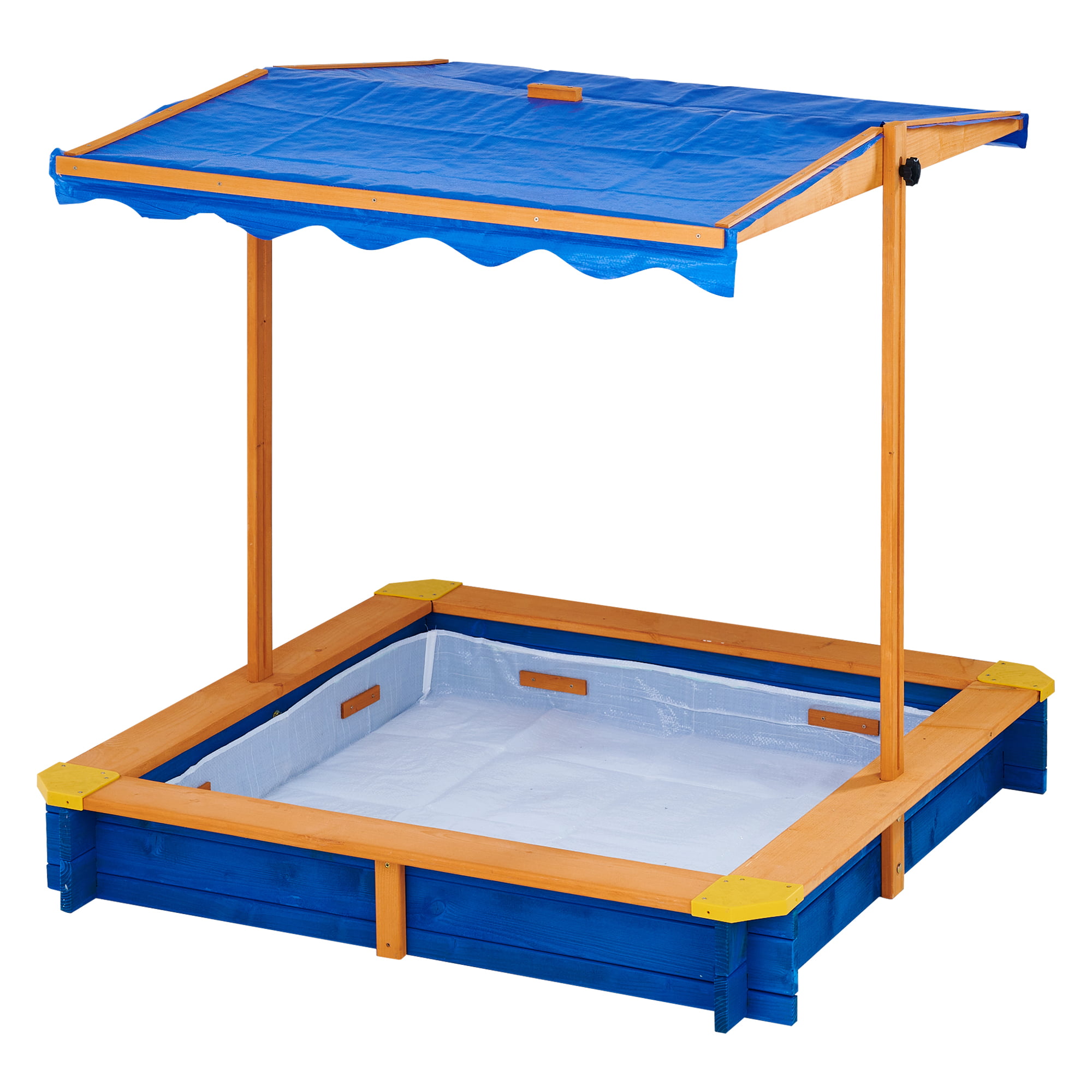Teamson Kids 4′ Square Solid Wood Sandbox with Rotatable Canopy Cover. Honey/Blue