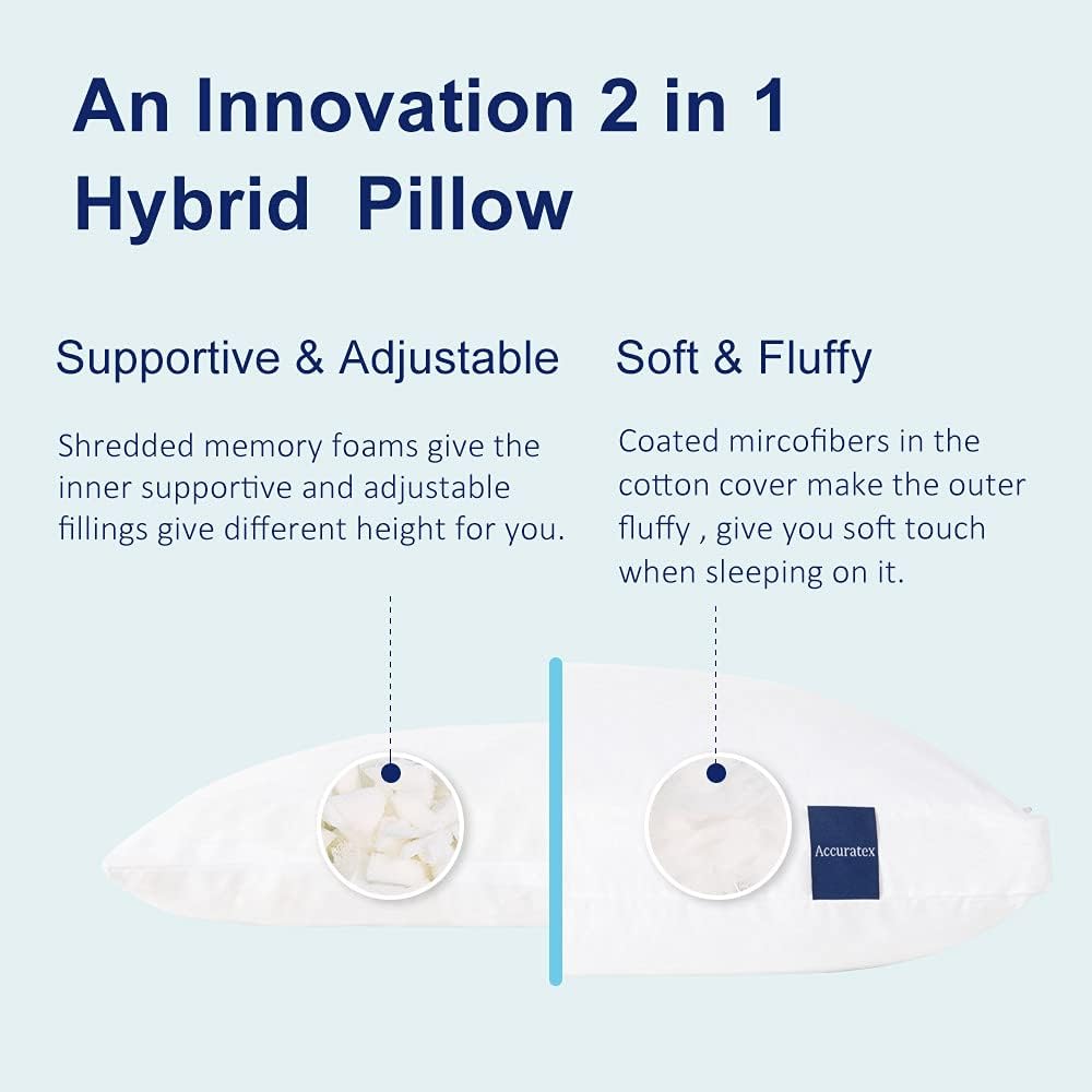 ACCURATEX Bed Pillows King Size Set of 2. Hybrid Shredded Memory Foam Pillow Adjustable Loft. Fluffy Down Alternative Fill Removable Cotton Cover. Firm Supportive Pillow for Side Back Sleepers