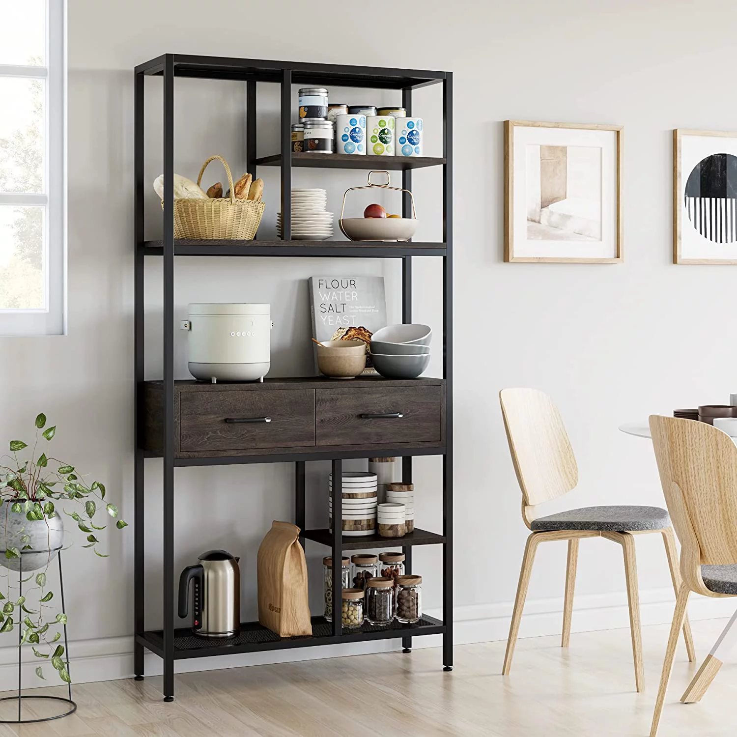 Homfa 5-tier Iron Bookcase with 2 Drawers. Industrial Tall Bookshelf with 7 open storage shelves. Free Standing Display shelf with Metal Frame. Dark Brown