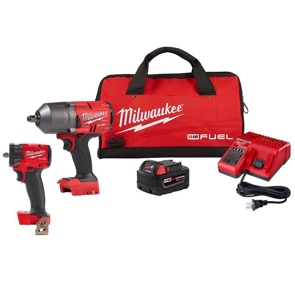 Milwaukee 2767-21B-2854-20 M18 FUEL 18- V Lithium-Ion Brushless Cordless 1/2 in. & 3/8 in. Impact Wrench w/Friction Ring Kit w/ 5.0 Ah Battery