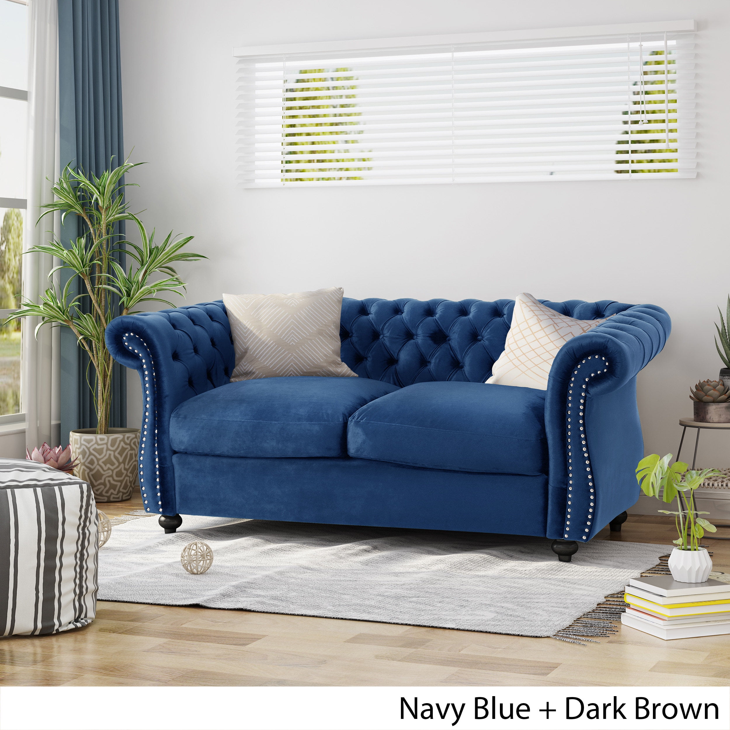 Ember Interiors Aaniya Velvet Chesterfield Loveseat Sofa. Navy Blue