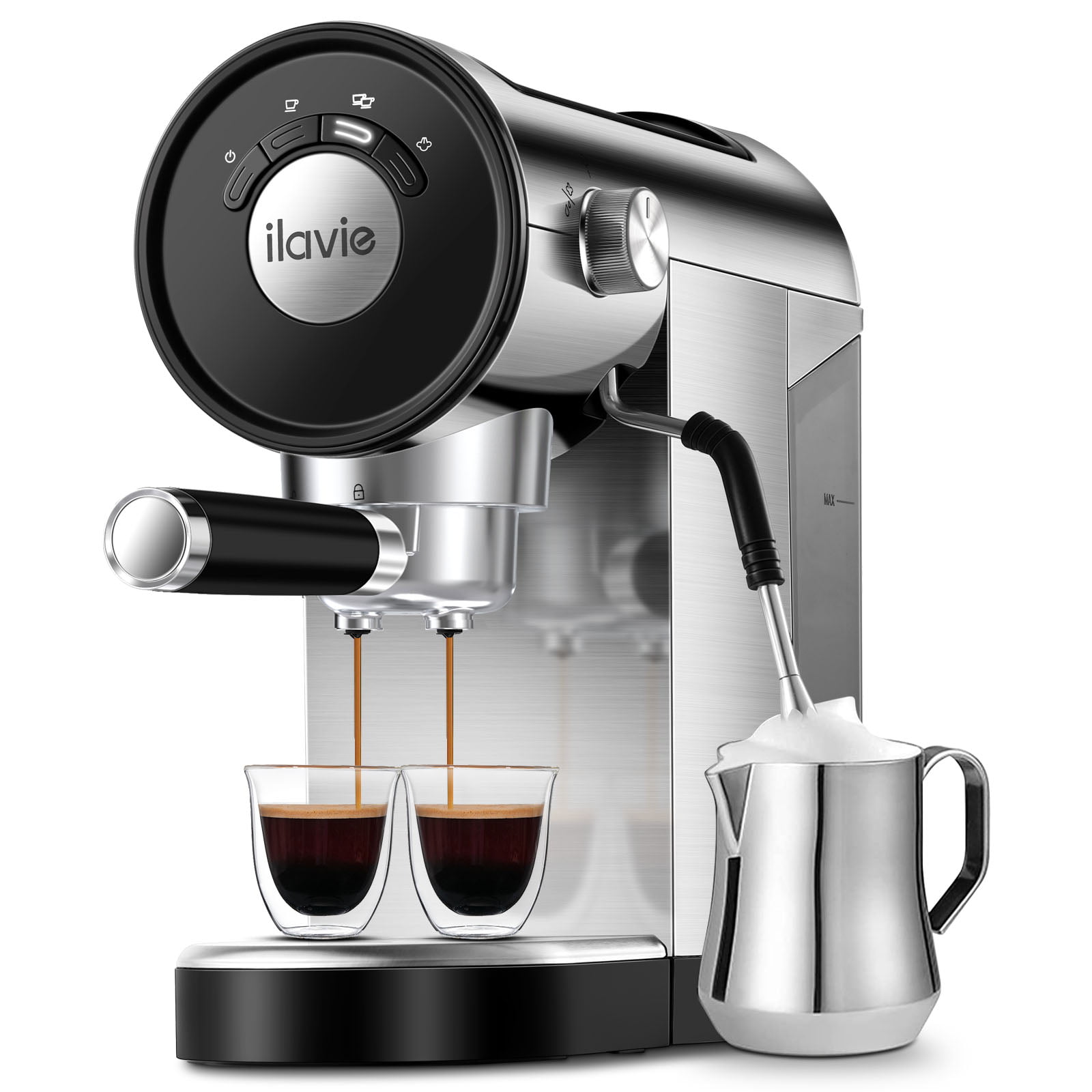 ILAVIE 20 Bar Compact Professional Espresso Coffee Machine. Espresso Maker with Milk Frother Steam Wand for Home Barista. Latte & Cappuccino Maker. Removerable Water Tank. Stainless Steel