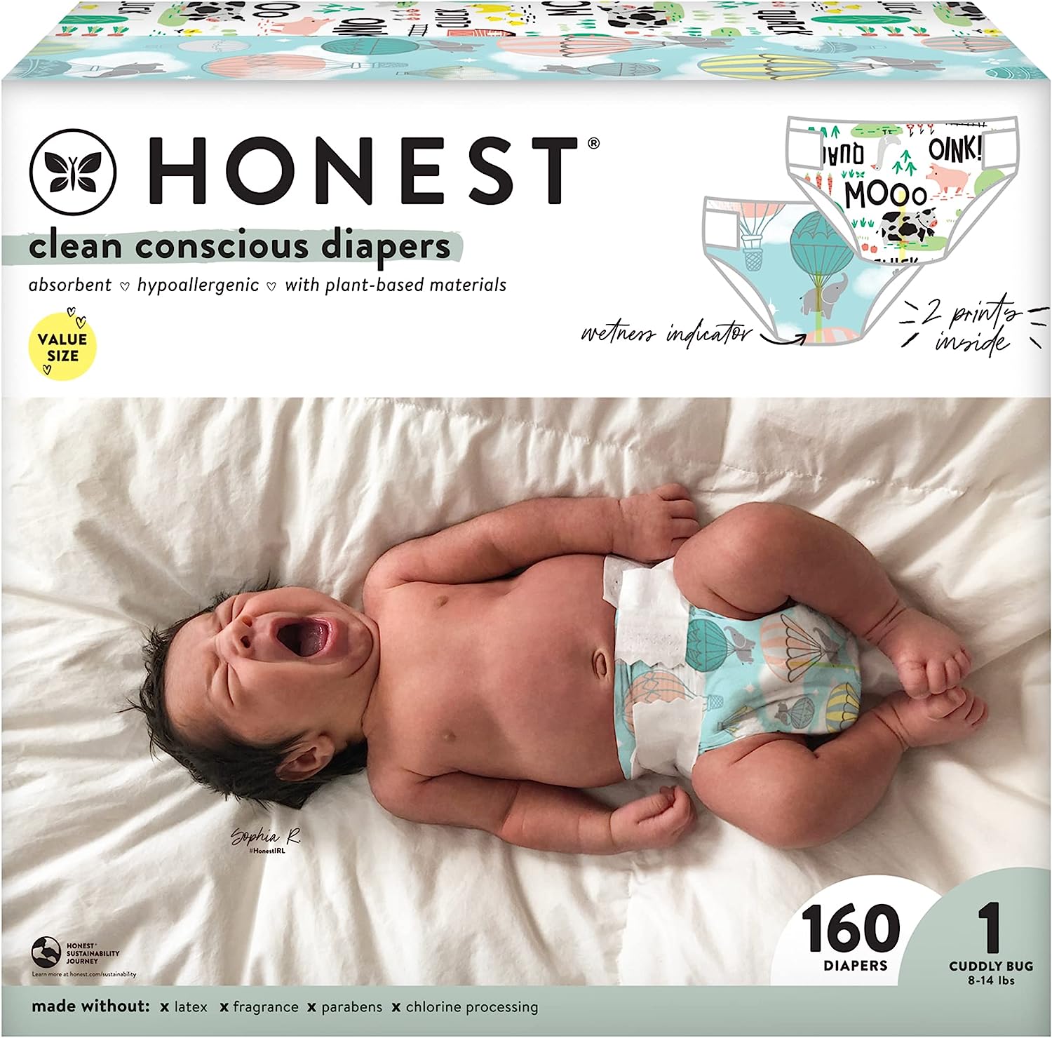The Honest Company Clean Conscious Diapers | Plant-Based. Sustainable | Above It All + Barnyard Babies | Super Club Box. Size 1 (8-14 lbs). 160 Count