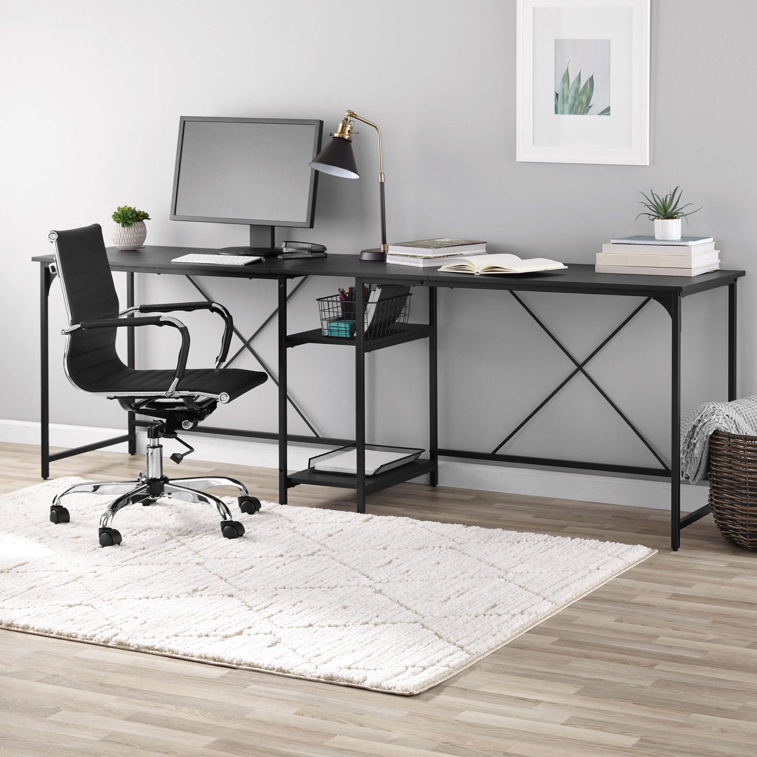 Mainstays Two-Way Convertible Desk with Lower Storage Shelf. Charcoal Finish and Black Metal Frame