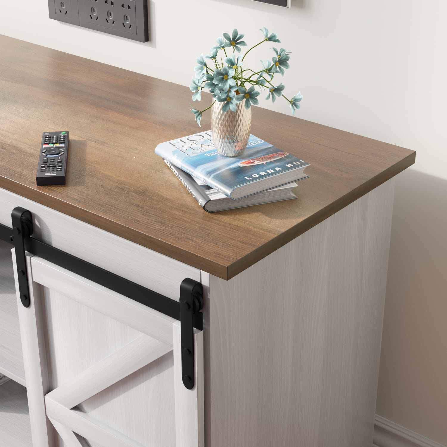 Furmax Modern Farmhouse Barn Door TV Stand for TVs up to 65″. White