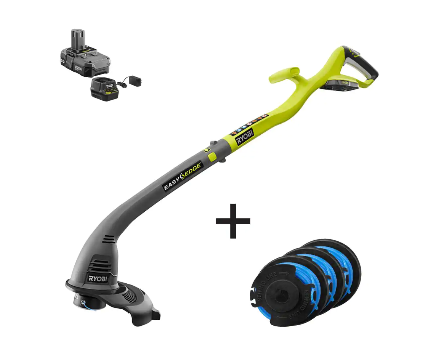 RYOBI P2030-AC ONE+ 18V 10 in. Cordless Battery String Trimmer and Edger with Extra 3-Pack of Spools. 1.3 Ah Battery. and Charger