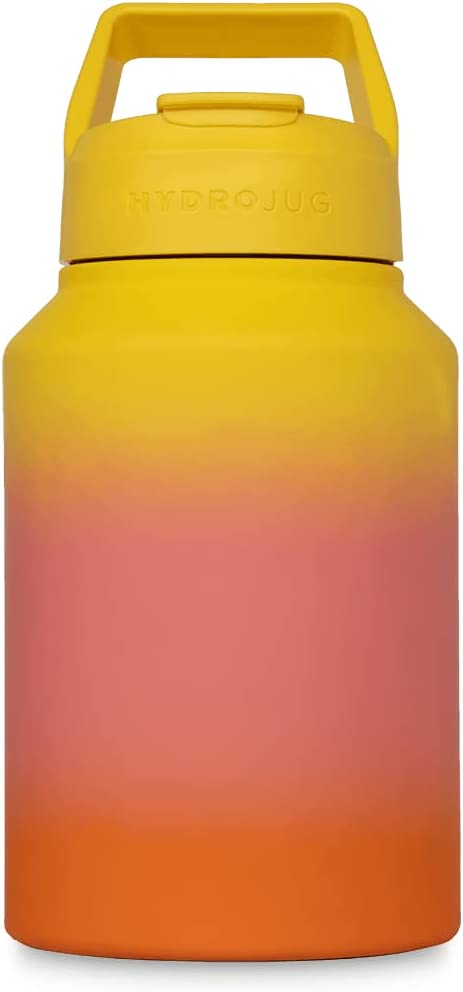HydroJug 64oz Half Gallon Water Bottle - Stainless Steel Insulated - Keep Cold 24 Hrs - Silicone Base -Dual Function Lid for Straw or Sip -Reach Hydration & Fitness Goals w Hydro Jug (Sunrise Yellow)