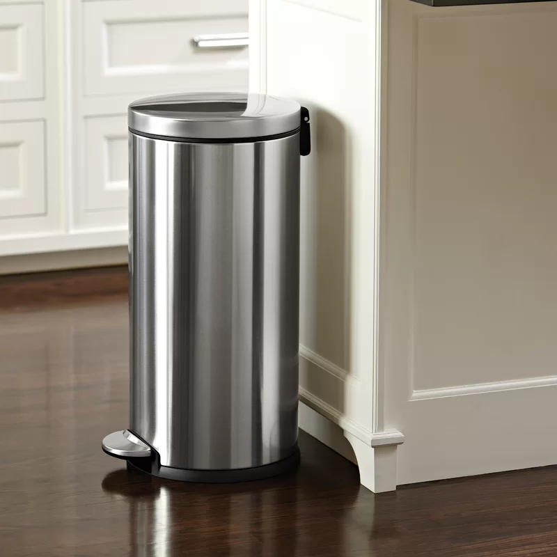 simplehuman 30 Liter / 8 Gallon Round Step Trash Can. Brushed Stainless Steel.15.1 x 12.4 x 25.6 inches