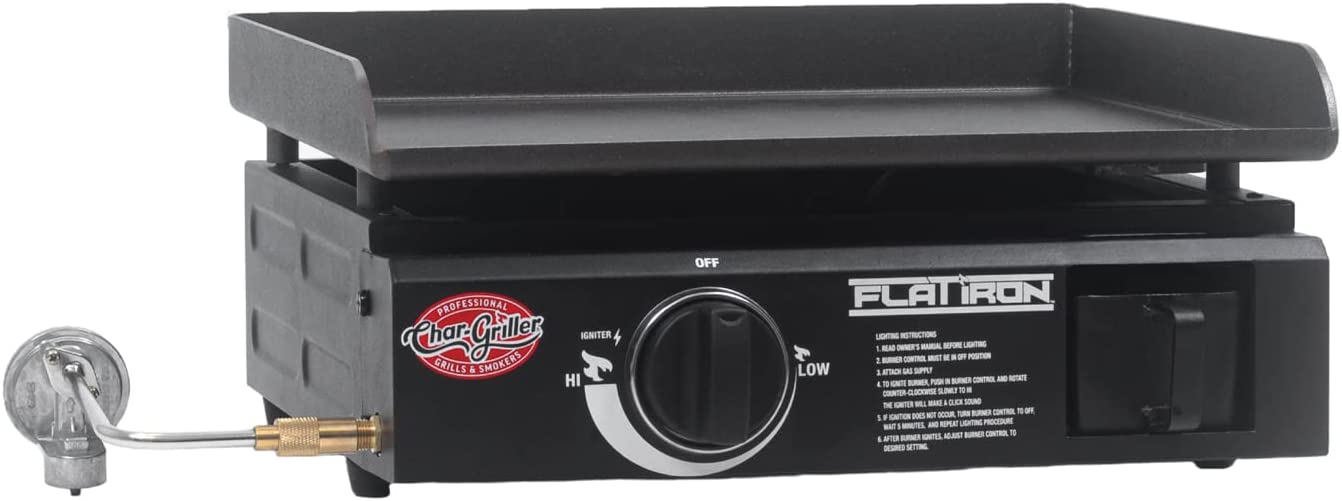 Char-Griller E8217 Flat Iron Portable Table Top 17 Gas Griddle Propane Grill. Black