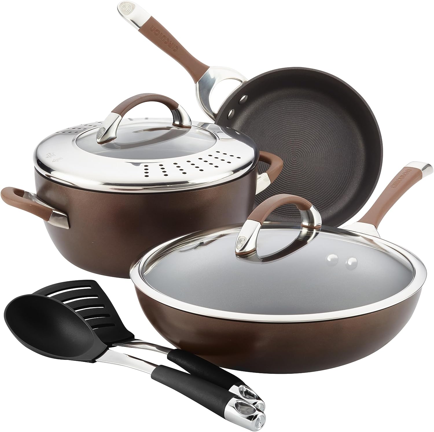 Circulon Symmetry Hard Anodized Nonstick Cookware Utensil and Recipe Booklet Set. 7 Piece. Chocolate