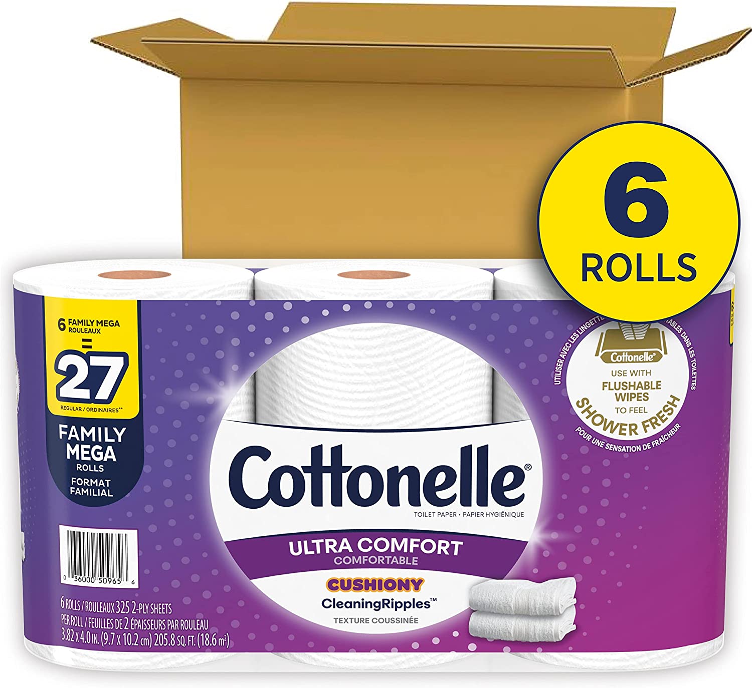 Cottonelle Ultra Comfort Toilet Paper with Cushiony CleaningRipples Texture. Strong Bath Tissue. 6 Family Mega Rolls (6 Family Mega Rolls = 27 regular rolls). 325 Sheets per Roll