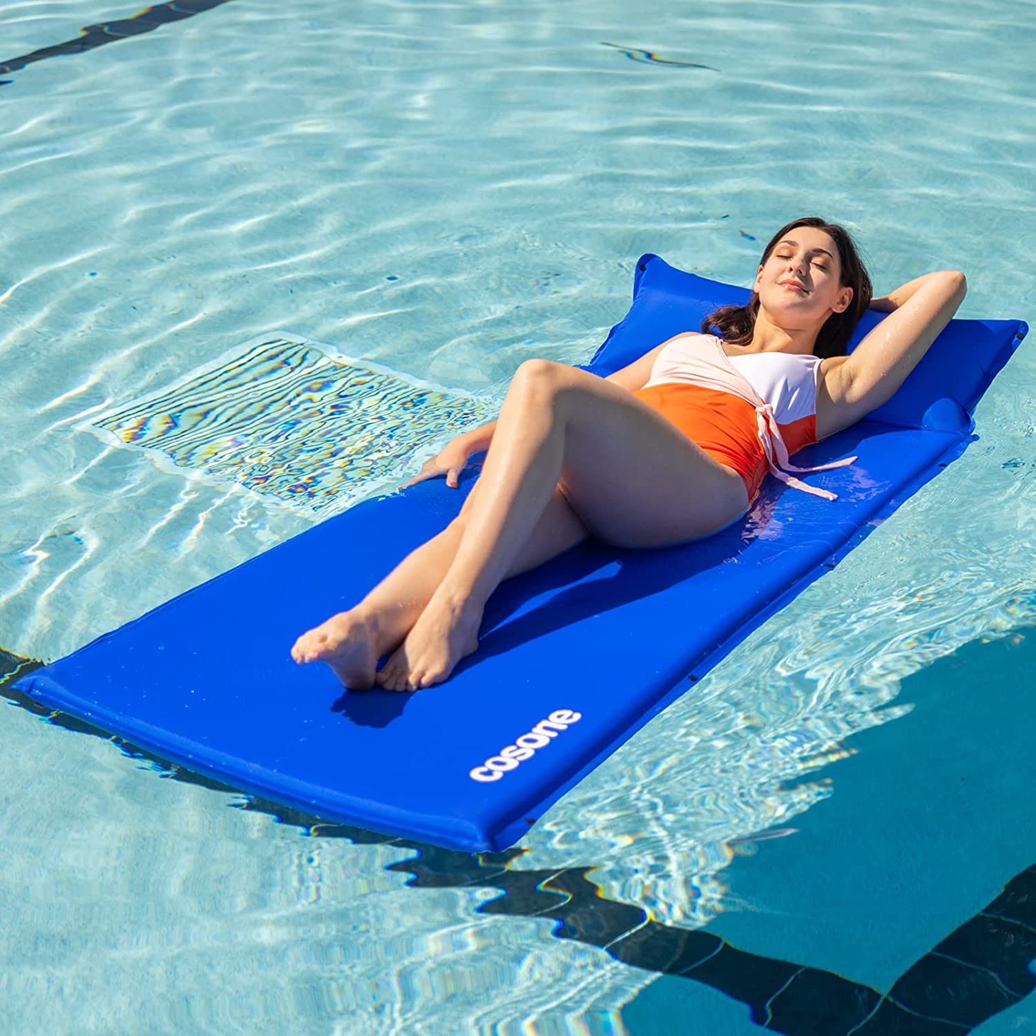 Self-Inflating Pool Floats Adult. More Durable Skin-Friendly Portable Pool Raft with Headrest. Inflatable Sponge Mattress Floating Mat for Swimming Pool Sea Lake River. Easy Storage. No Cracking