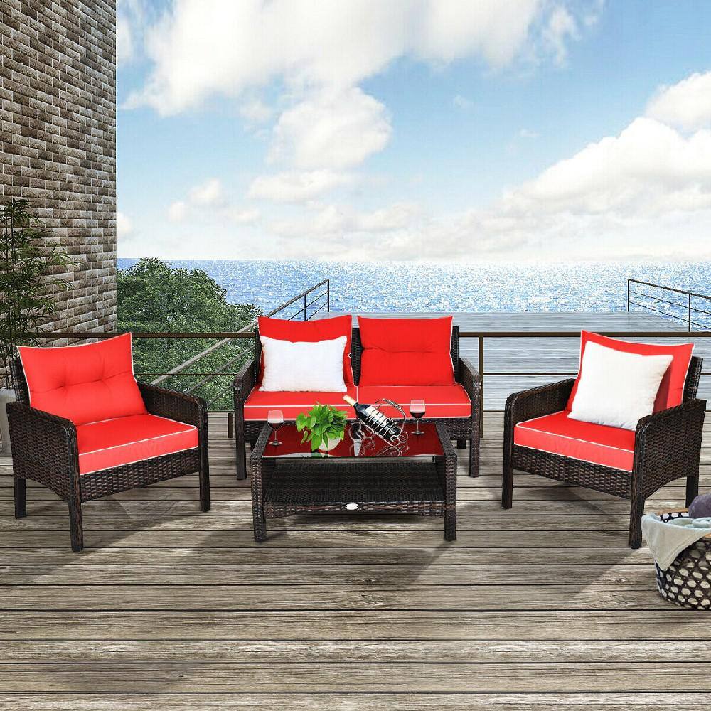 Costway  4-Piece Wicker Patio Conversation Sectional Seating Set Outdoor Patio Rattan Furniture Set With Red Cushions
